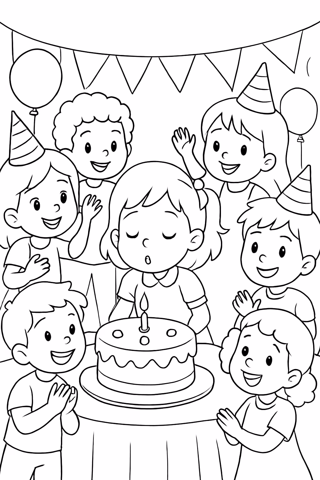 Uma festa de aniverssario cheia de criancas e a aniverssariante para colorir — desenho para imprimir