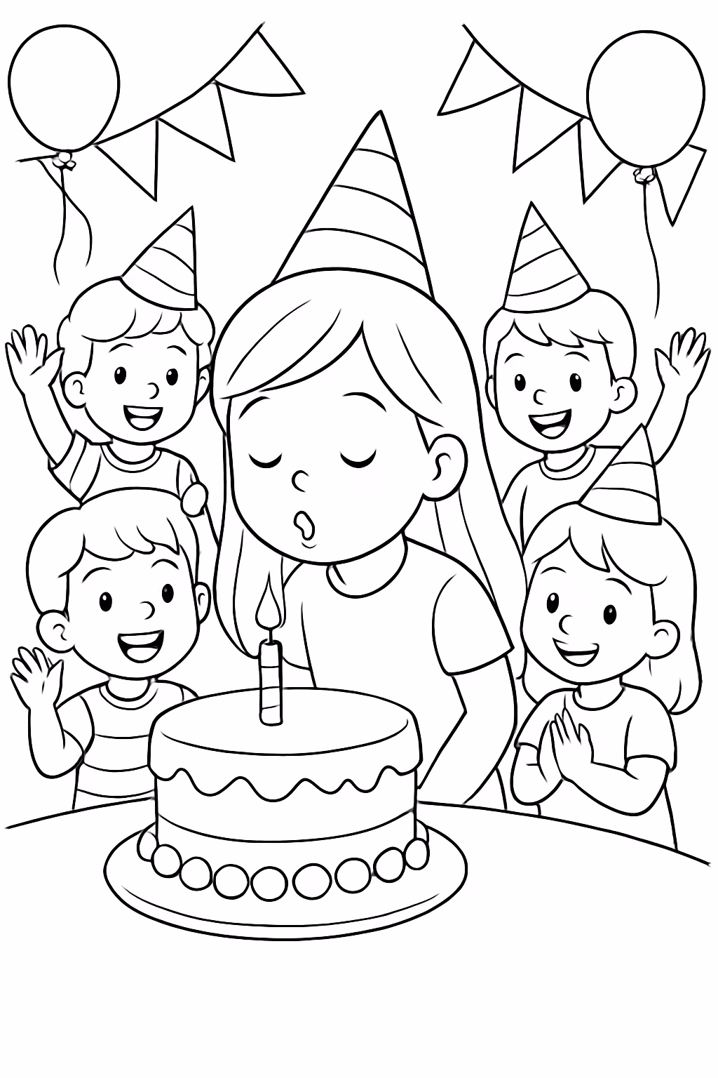 Uma festa de aniverssario cheia de criancas e a aniverssariante para colorir — desenho para imprimir
