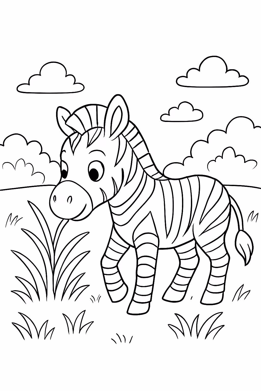 Uma filha de zebra comendo capim no mato para colorir — desenho para imprimir