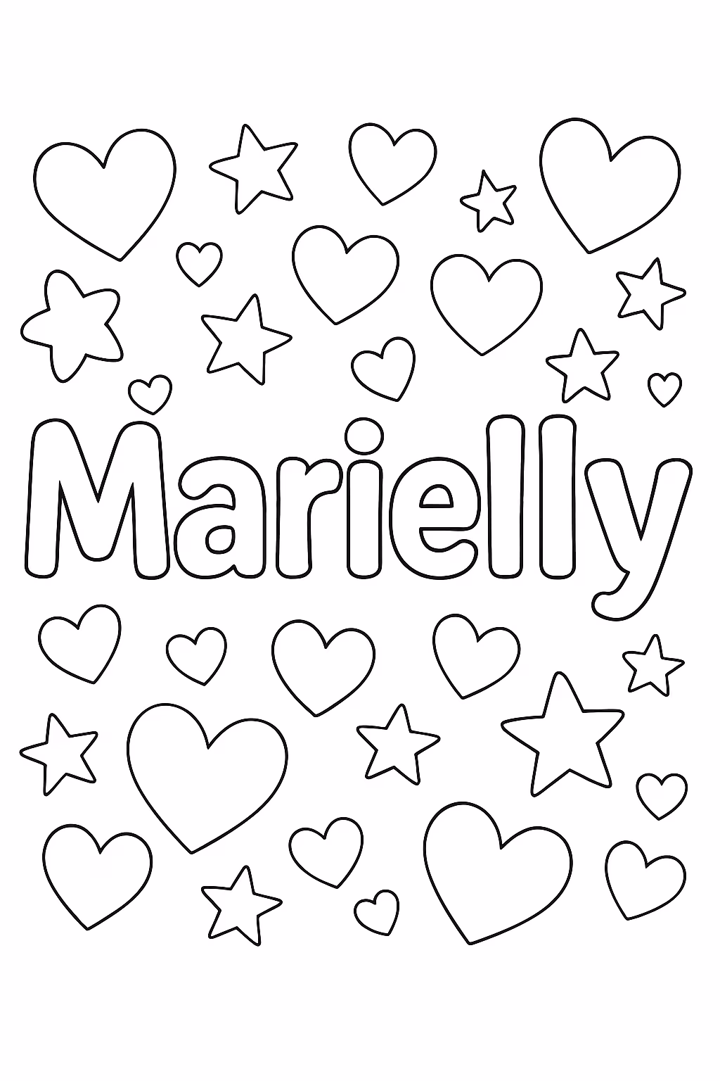 Uma foto escrita marielly com varios coracoes e estrelinhas para colorir — desenho para imprimir