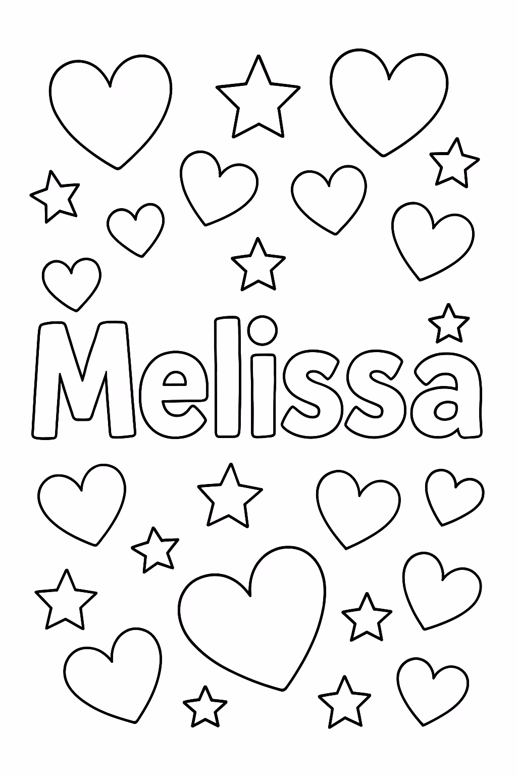 Uma foto escrita melissa com varios coracoes e estrelinhas para colorir — desenho para imprimir