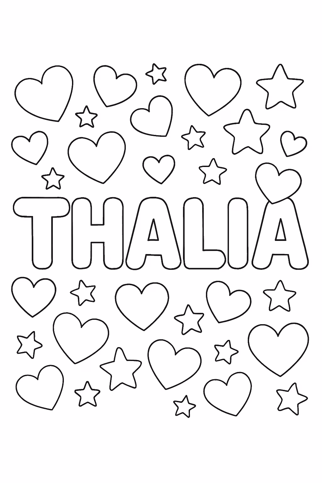 Uma foto escrita thalia com varios coracoes e estrelinhas para colorir — desenho para imprimir