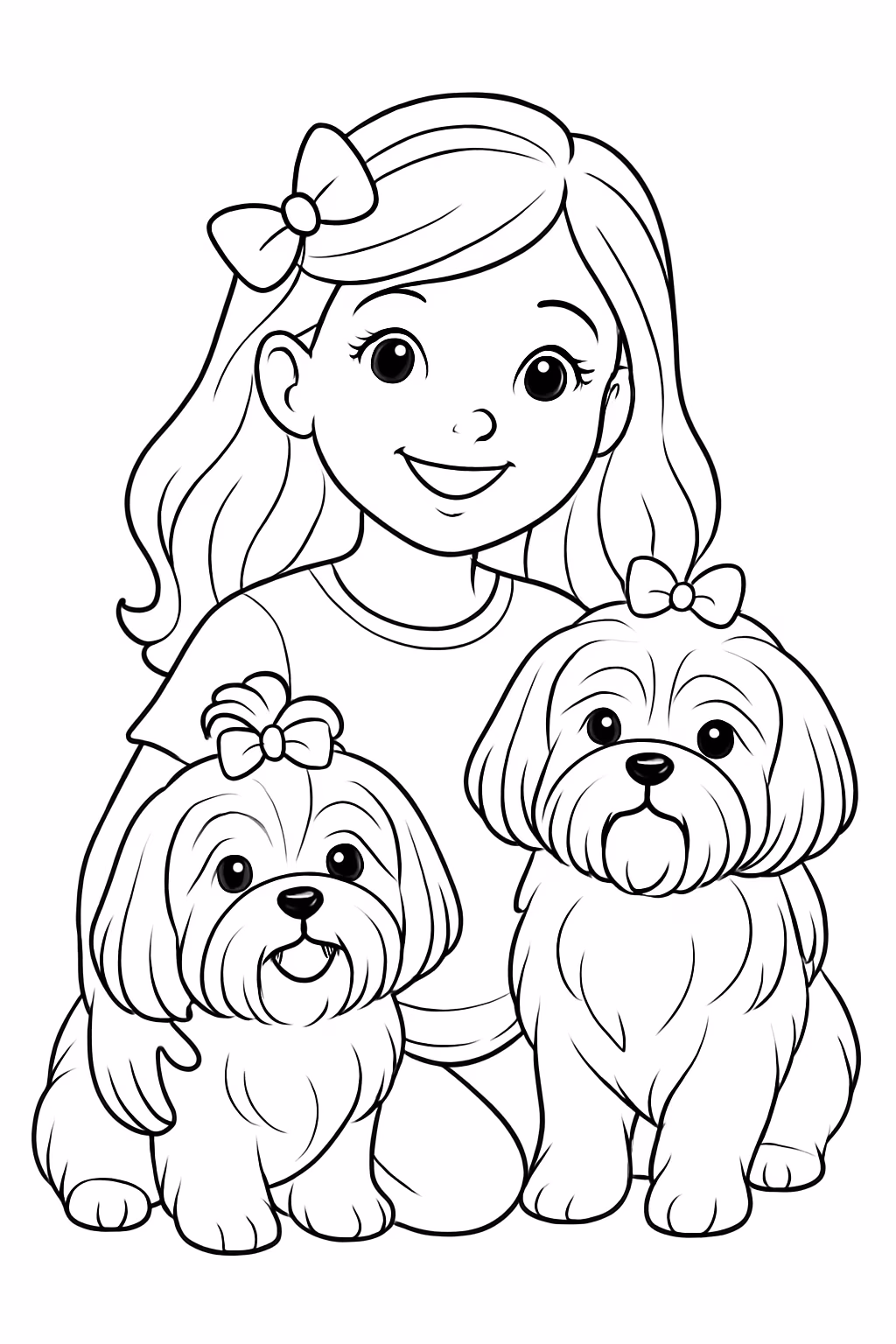 Uma garota de anos e duas cadelas shih tzu para colorir — desenho para imprimir
