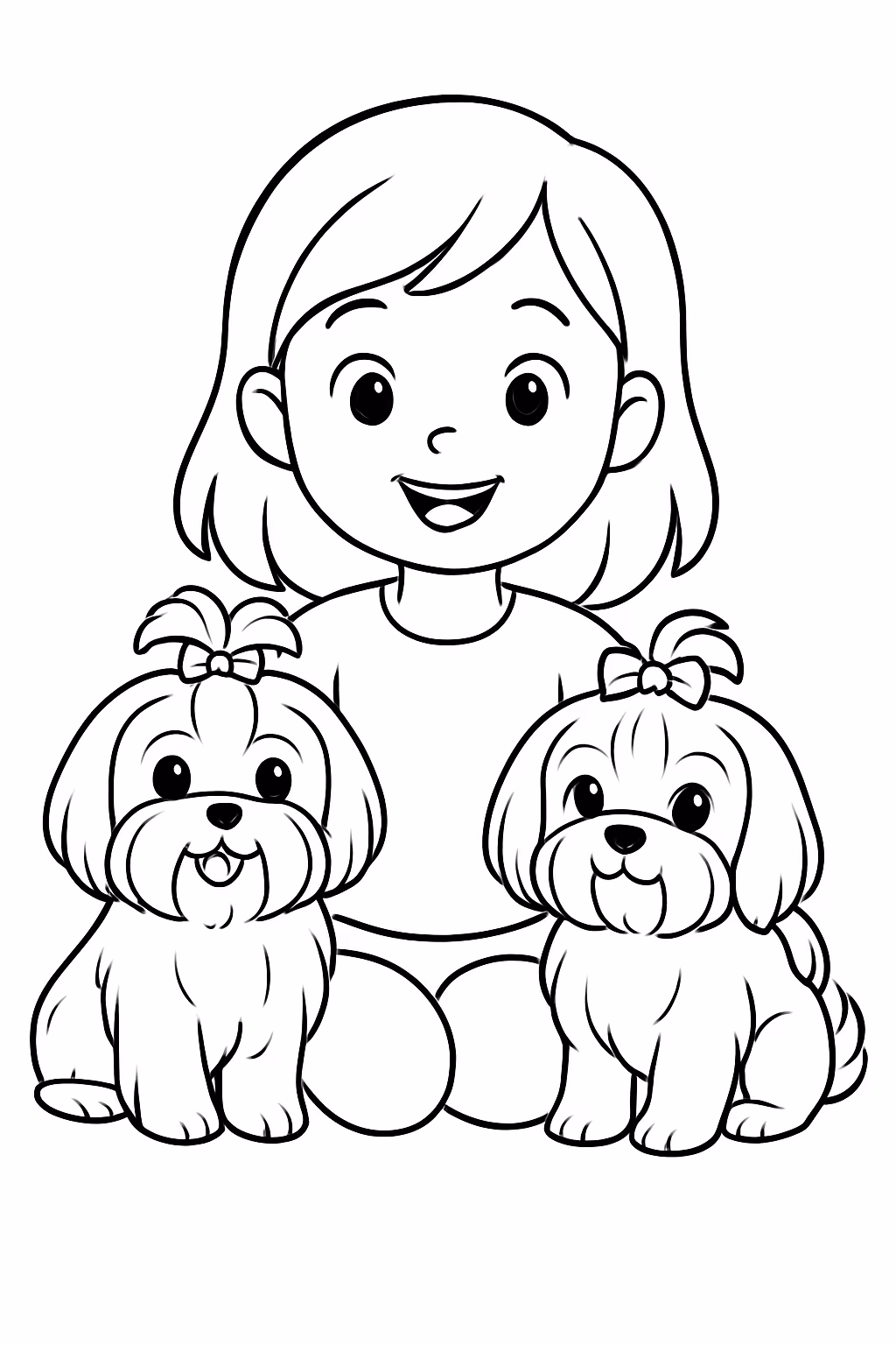 Uma garota de anos e duas cadelas shih tzu mamae para colorir — desenho para imprimir