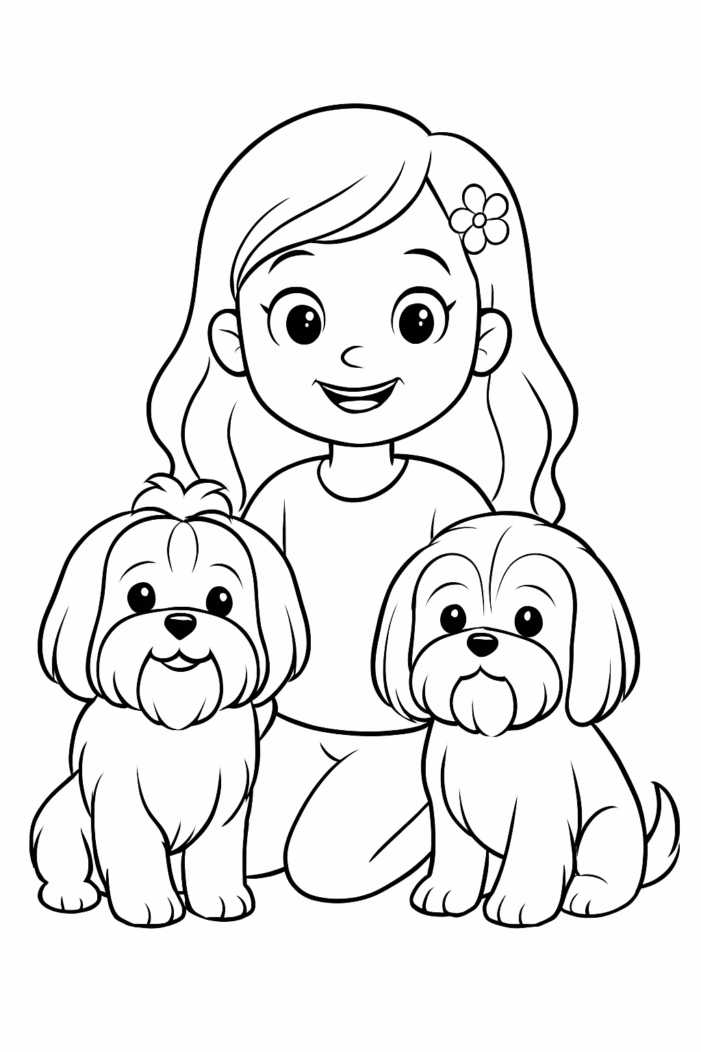 Uma garota e duas sitzu para colorir — desenho para imprimir