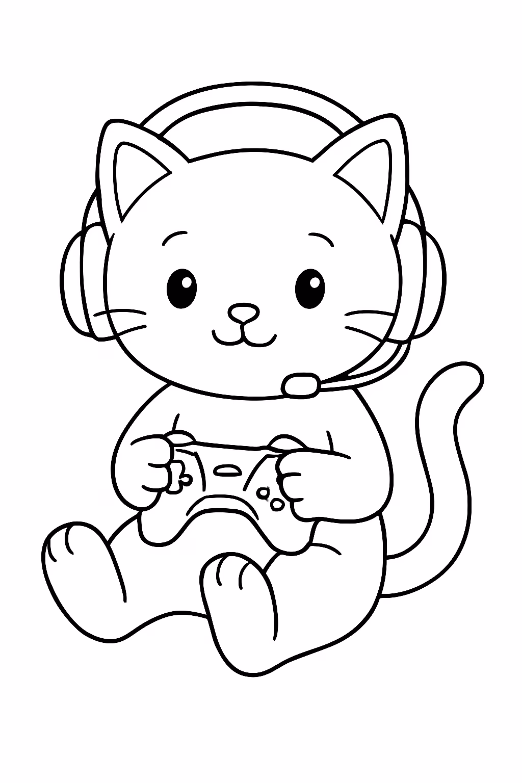 Uma gata femea jogando video game com fone de ouvido para colorir — desenho para imprimir