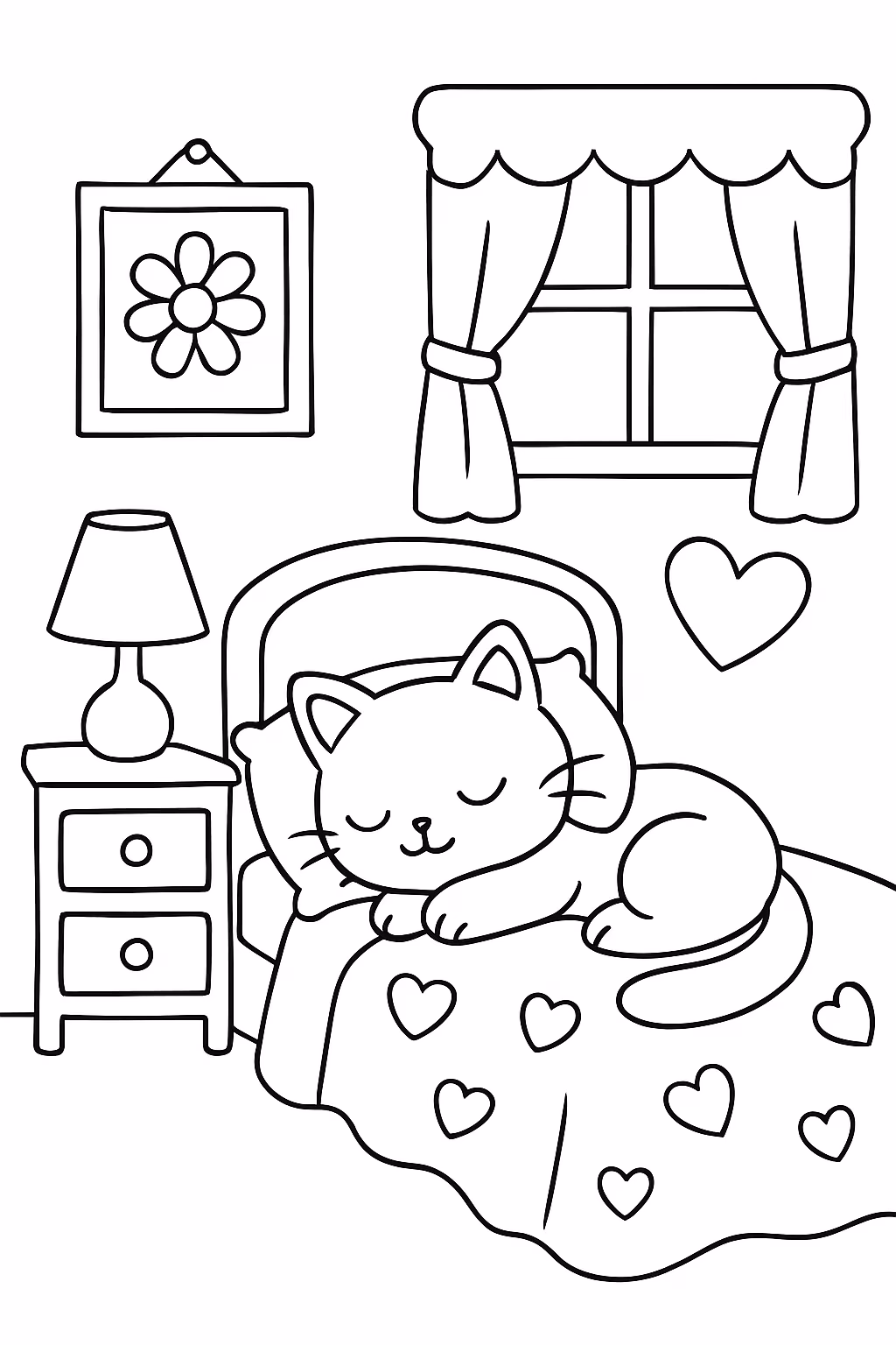 Uma gatinha na cama dormindo no quarto de uma menina para colorir — desenho para imprimir