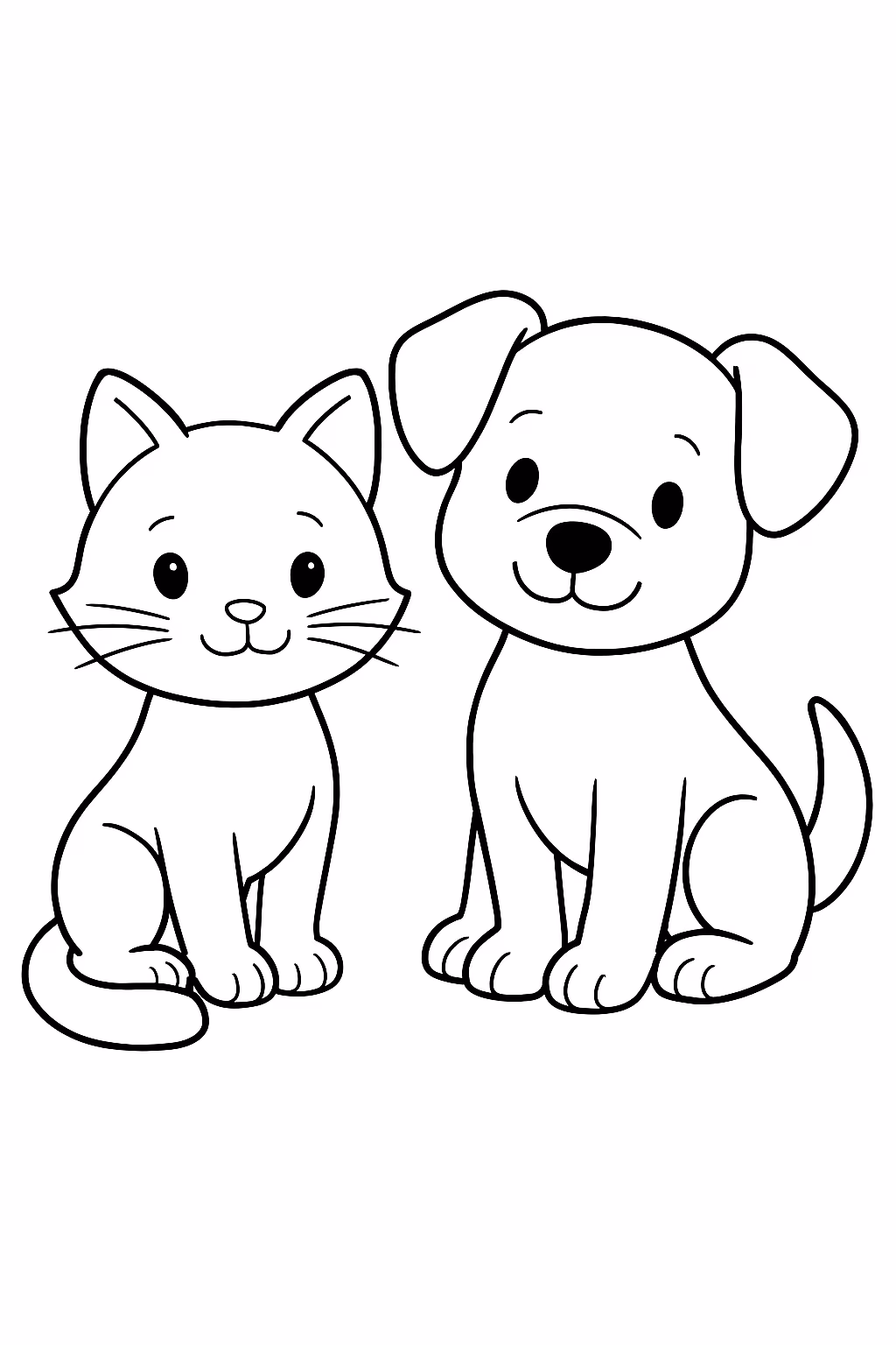 Uma gatinha preta branca com uma cadelinha para colorir — desenho para imprimir