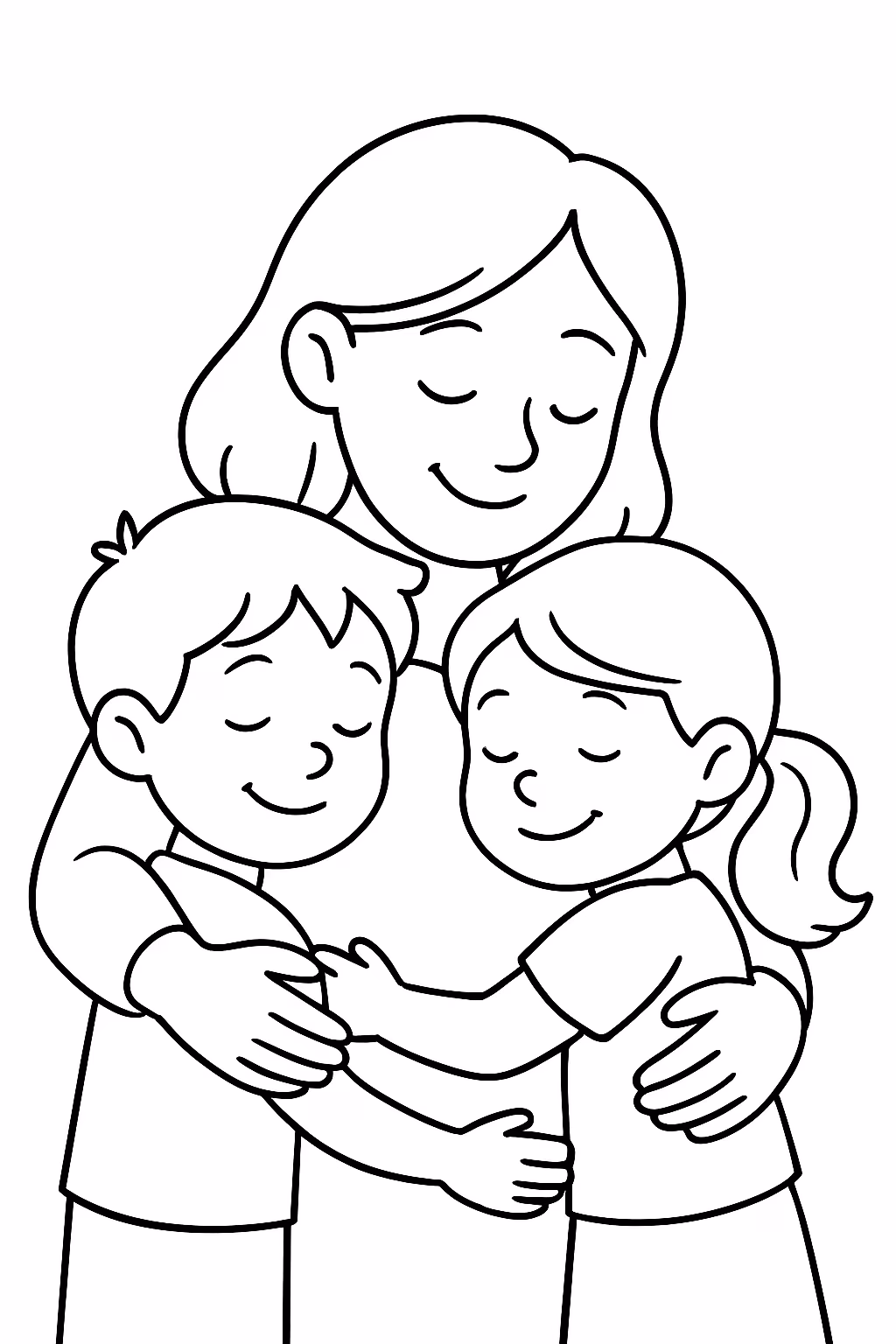 Uma mae abracando seu filho e sua filha para colorir — desenho para imprimir