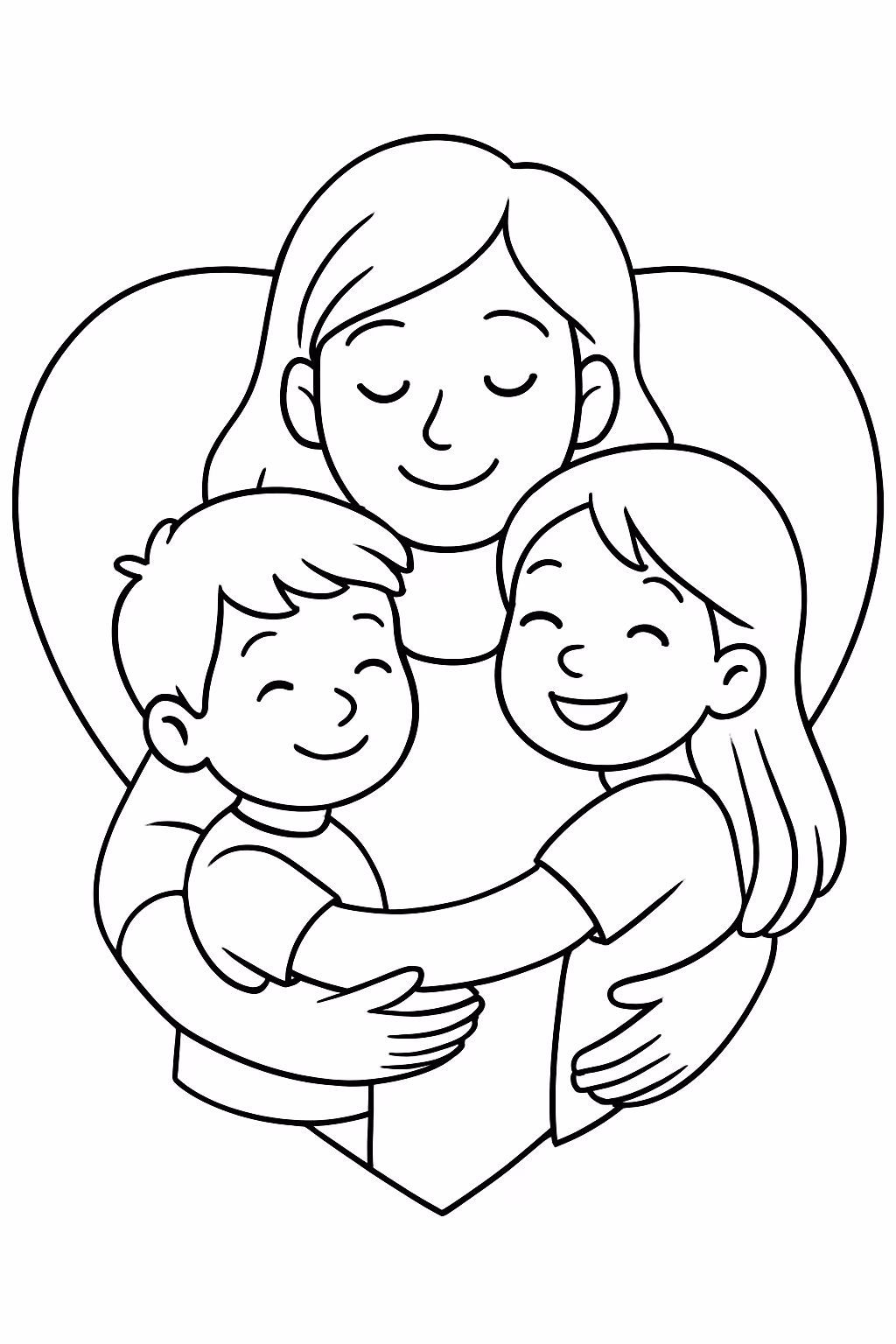 Uma mae abracando seu filho pequeno e sua filha maior para colorir — desenho para imprimir