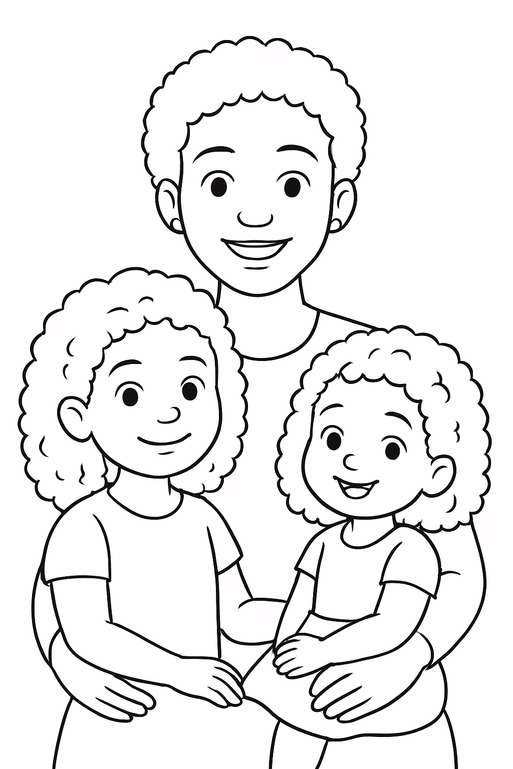 Uma mae com cabelo crespo curto e duas filhas uma para colorir — desenho para imprimir