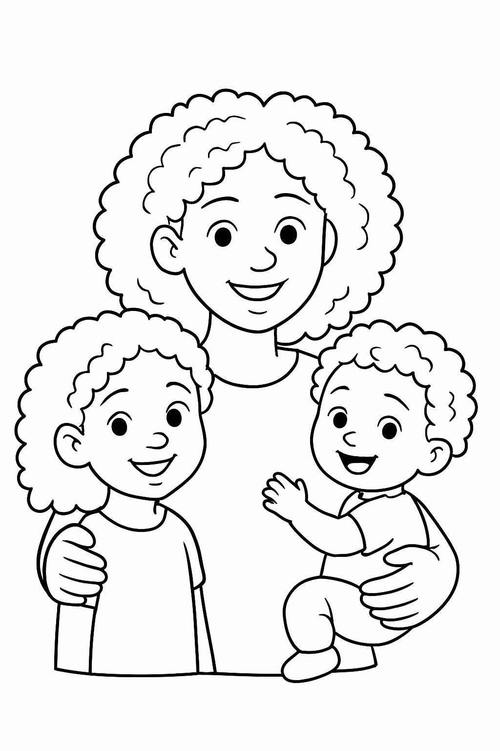 Uma mae com cabelo crespo medio e duas filhas uma para colorir — desenho para imprimir