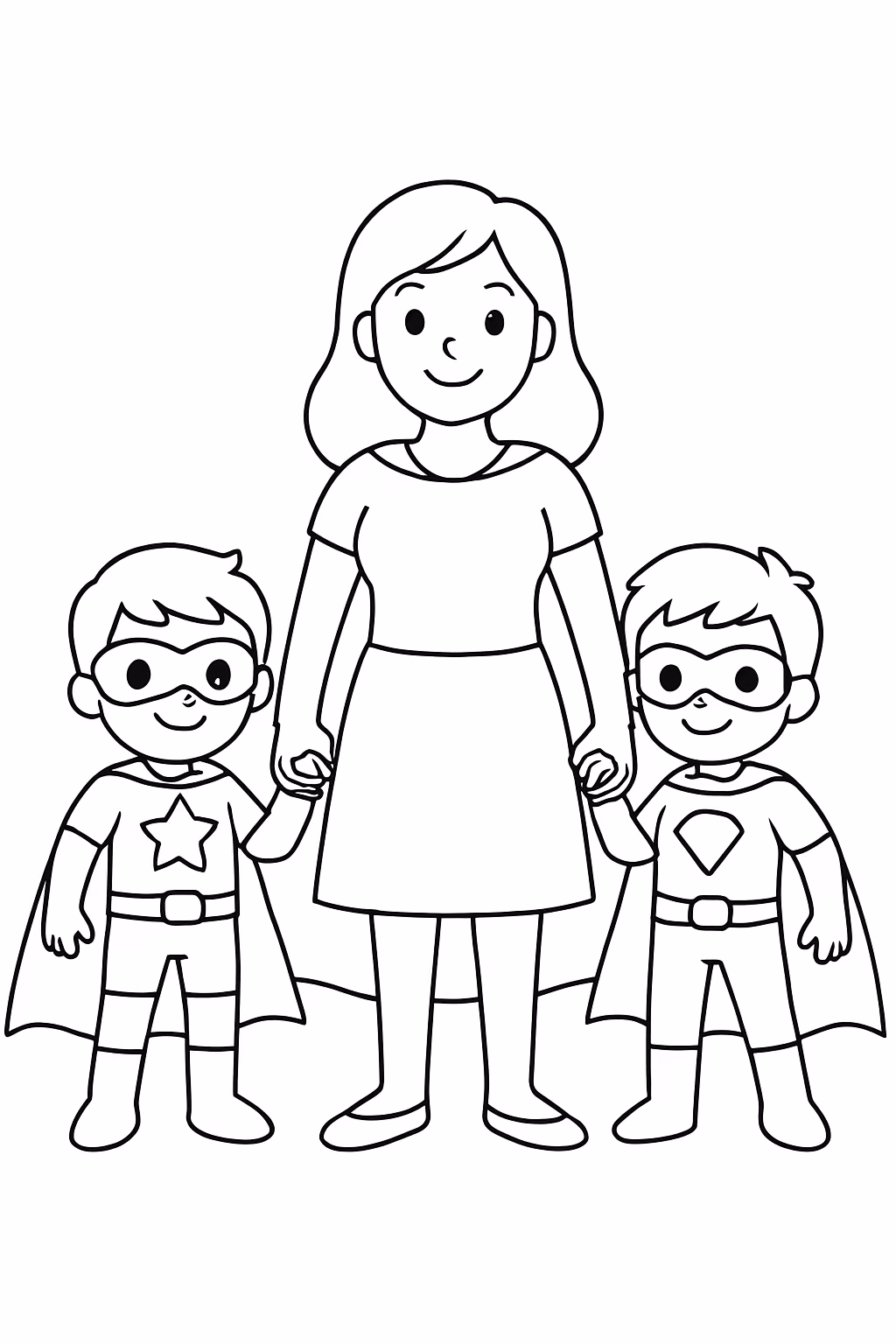 Uma mae com dois filhos meninos super herois de maos para colorir — desenho para imprimir