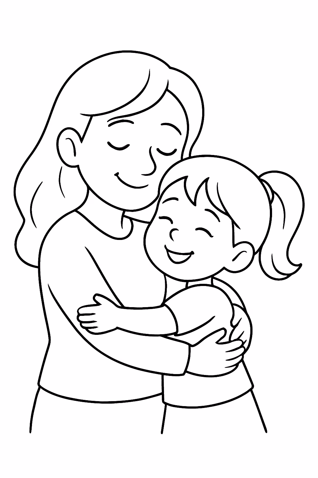 Uma mae e sua filha se abracando para colorir — desenho para imprimir