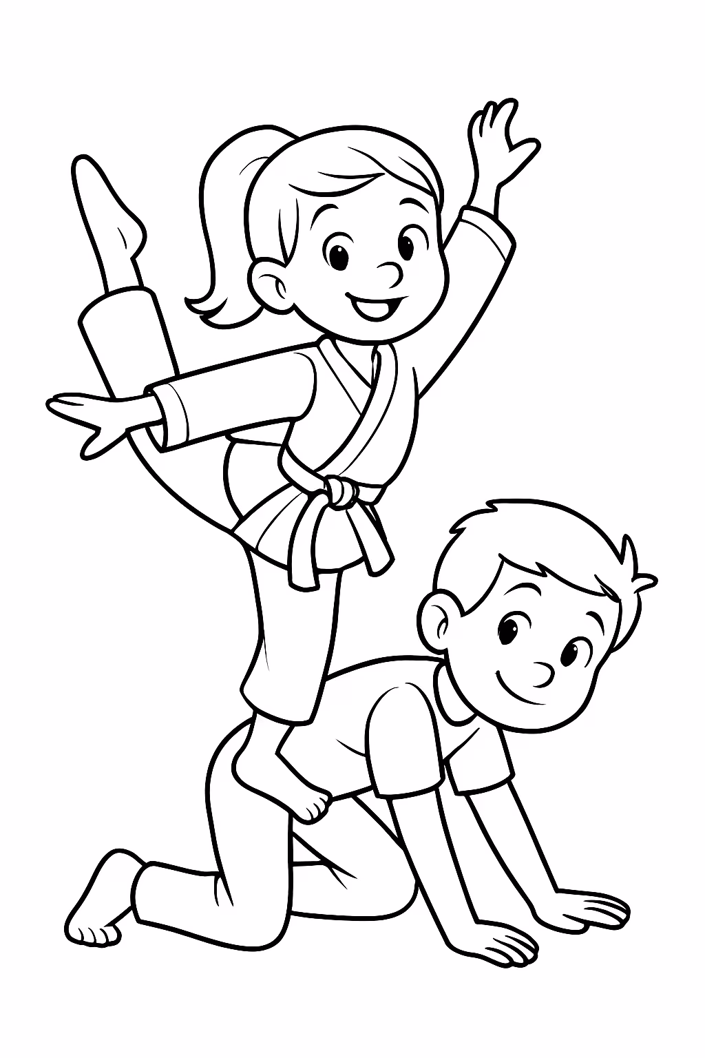 Uma menina a dancar bale com uma roupa de karate para colorir — desenho para imprimir