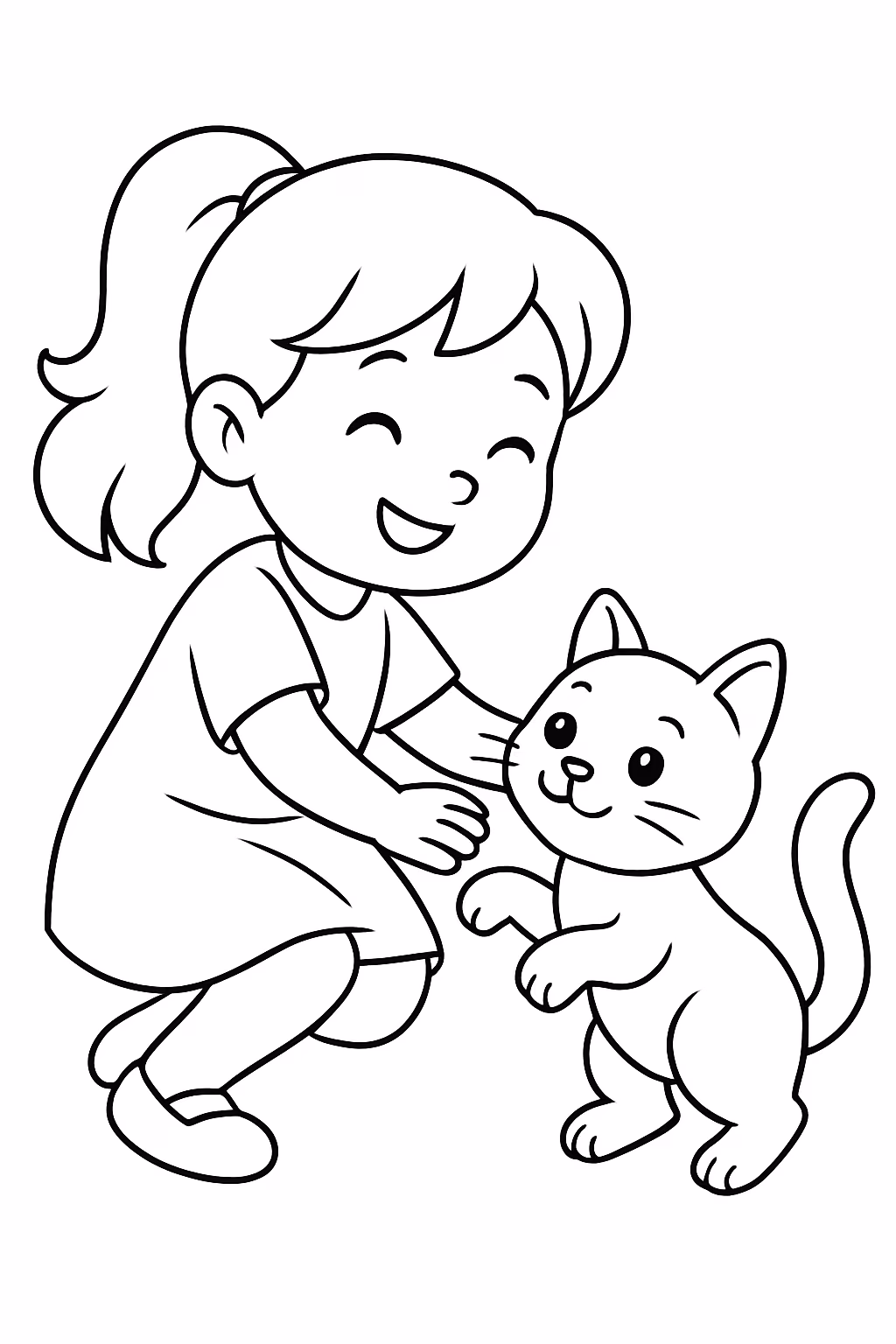 Uma menina brincando com um gato para colorir — desenho para imprimir