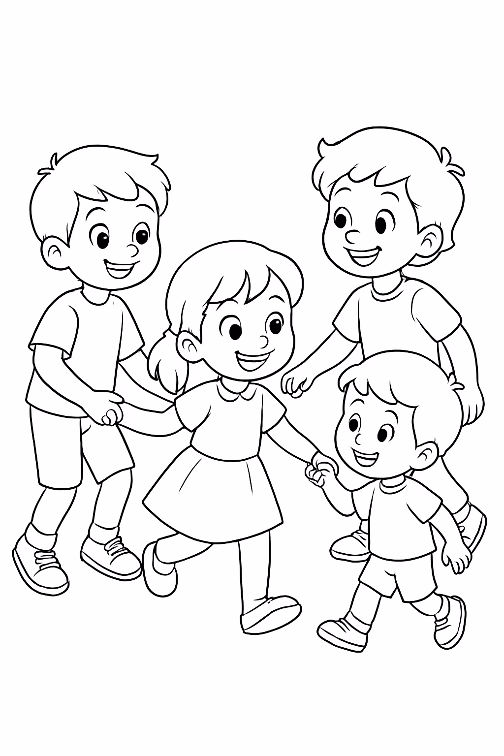 Uma menina com meninos um pouco maiores e um do para colorir — desenho para imprimir