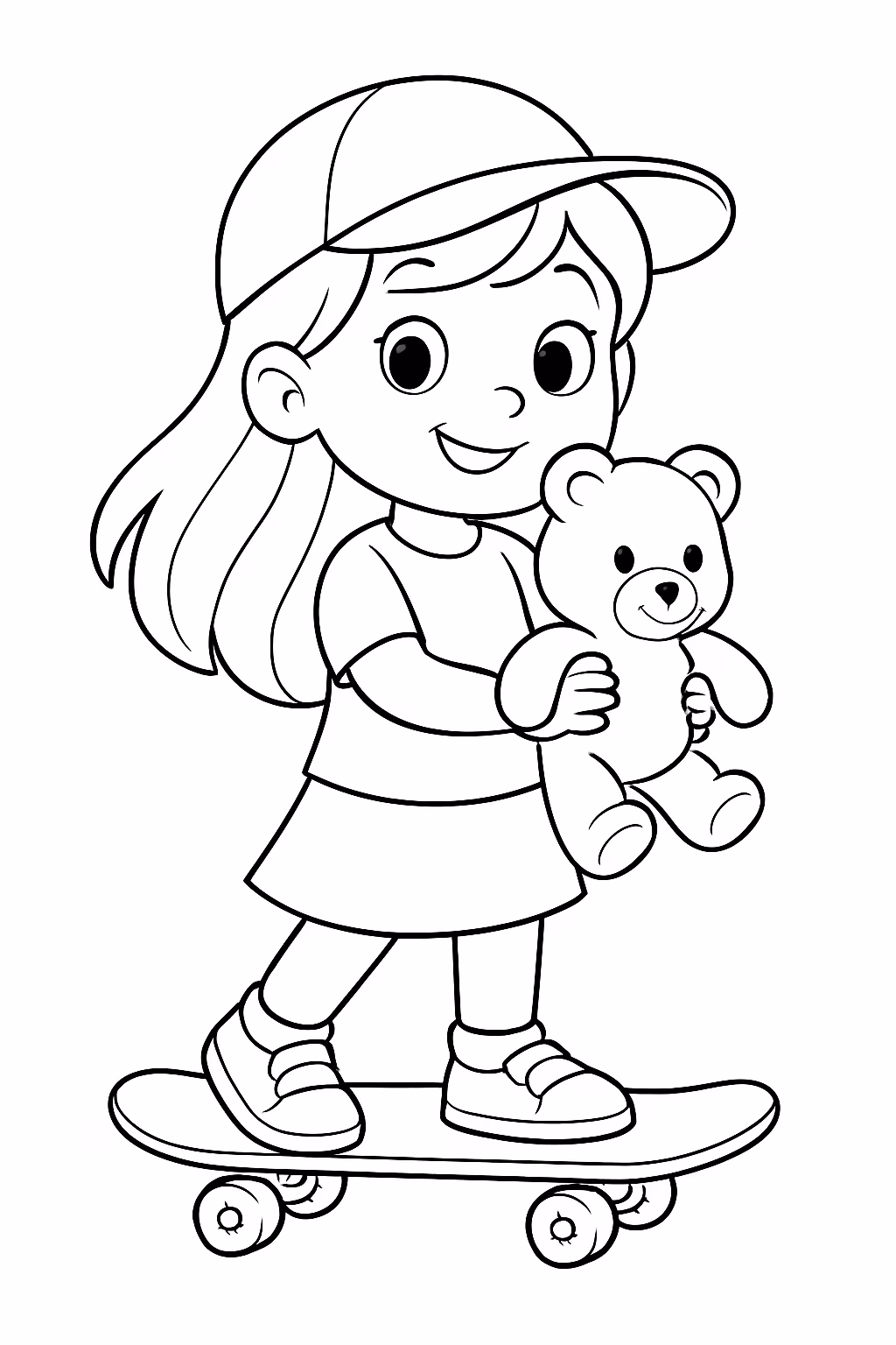 Uma menina com skate segurando um ursinho para colorir — desenho para imprimir