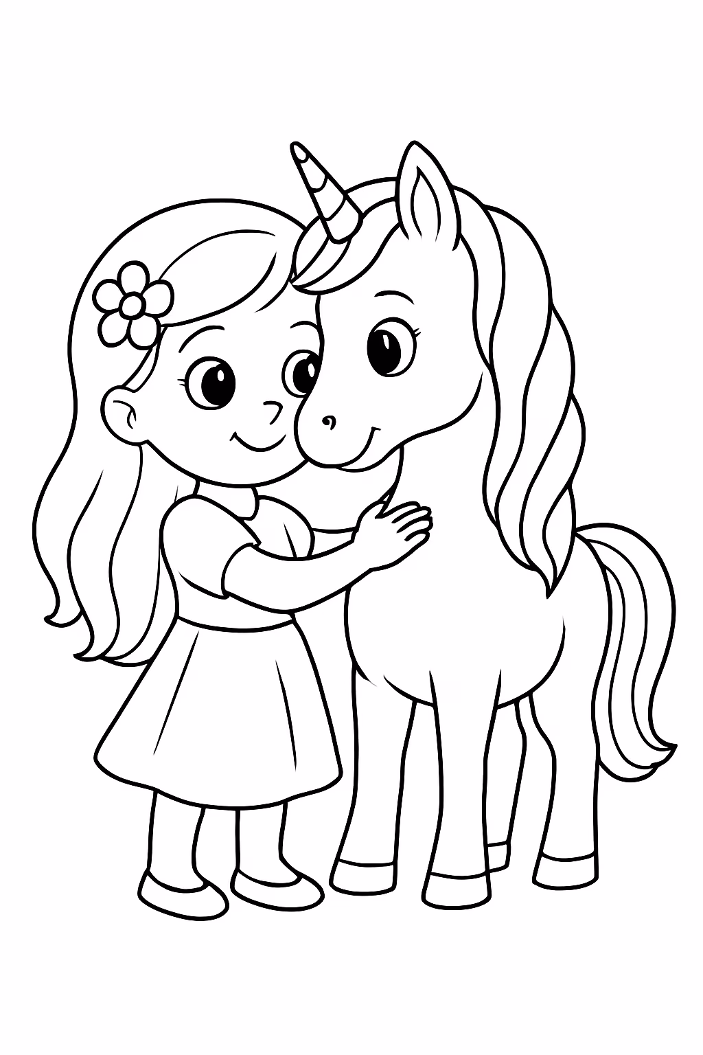Uma menina com um unicornio para colorir — desenho para imprimir