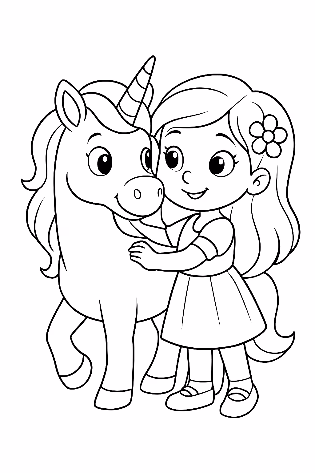 Uma menina com unicornio para colorir — desenho para imprimir