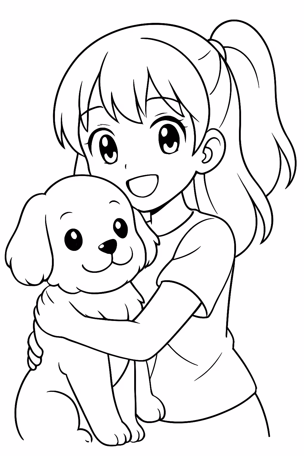Uma menina de anime abracando seu amigo para colorir — desenho para imprimir