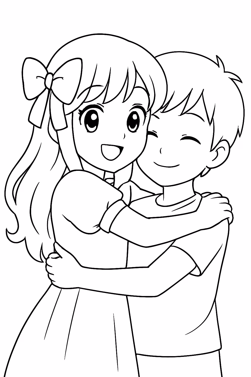 Uma menina de anime abracando seu amigo humano para colorir — desenho para imprimir