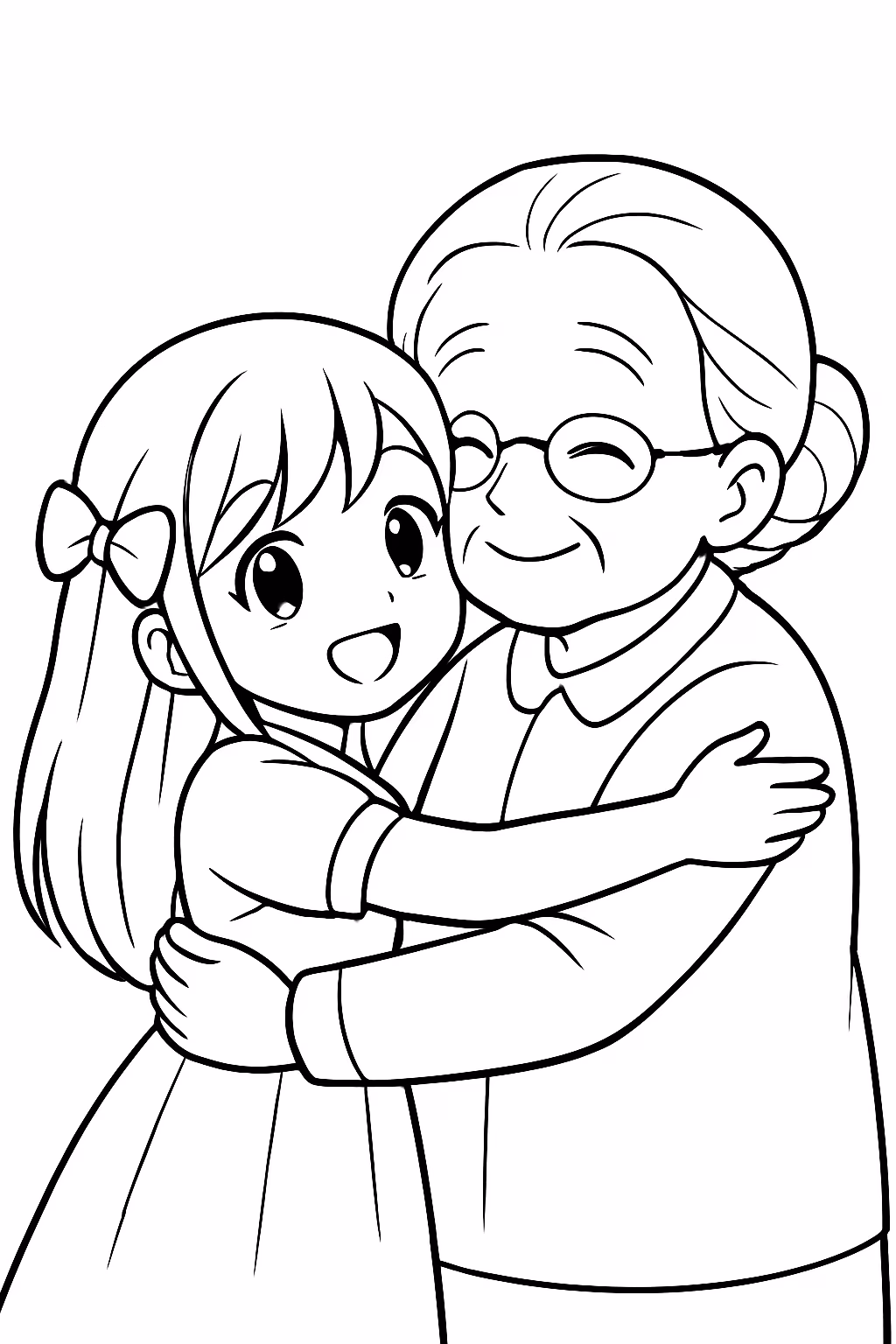 Uma menina de anime abracando sua avo para colorir — desenho para imprimir