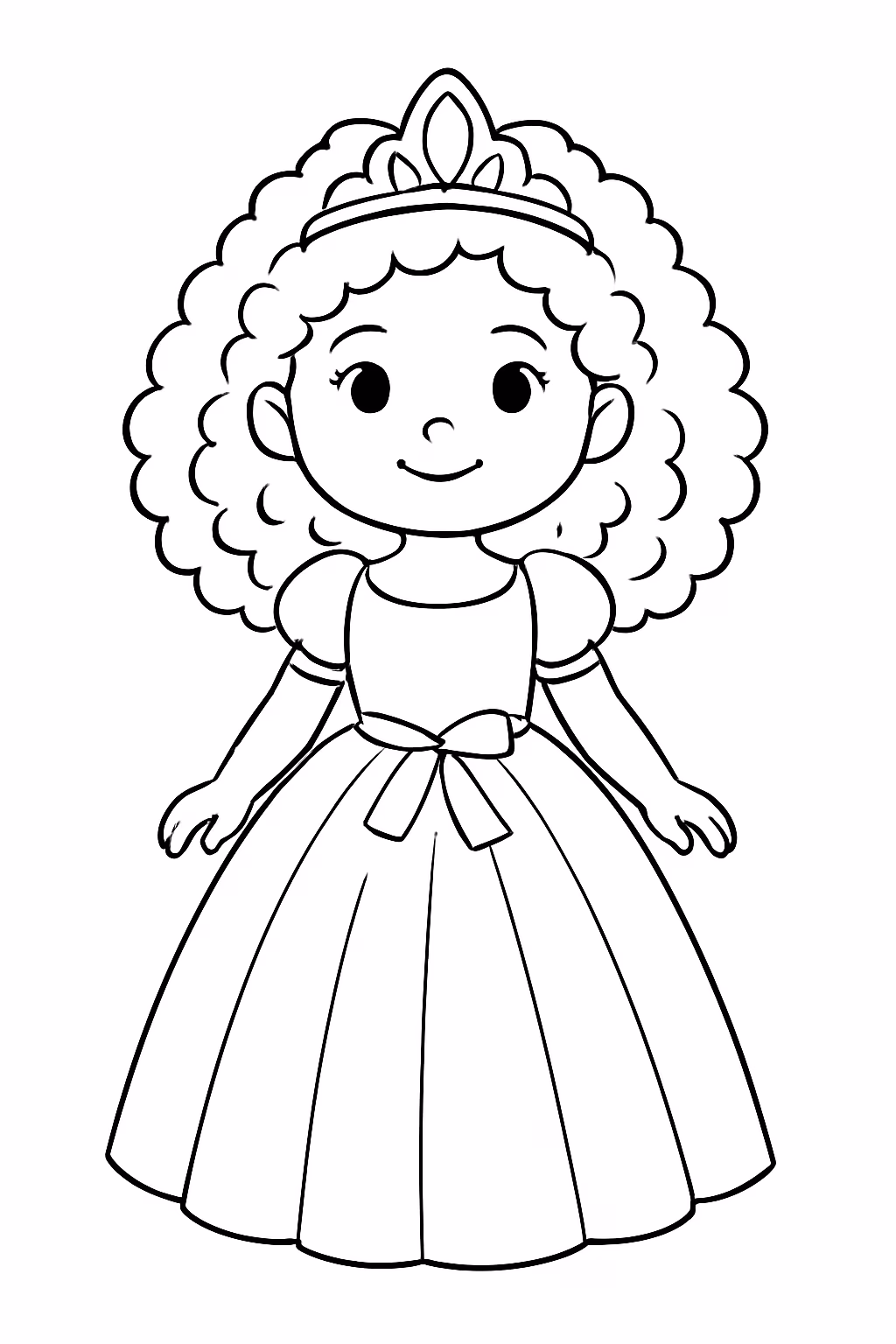 Uma menina de cabelo cacheado com rosto redondo e roupa para colorir — desenho para imprimir