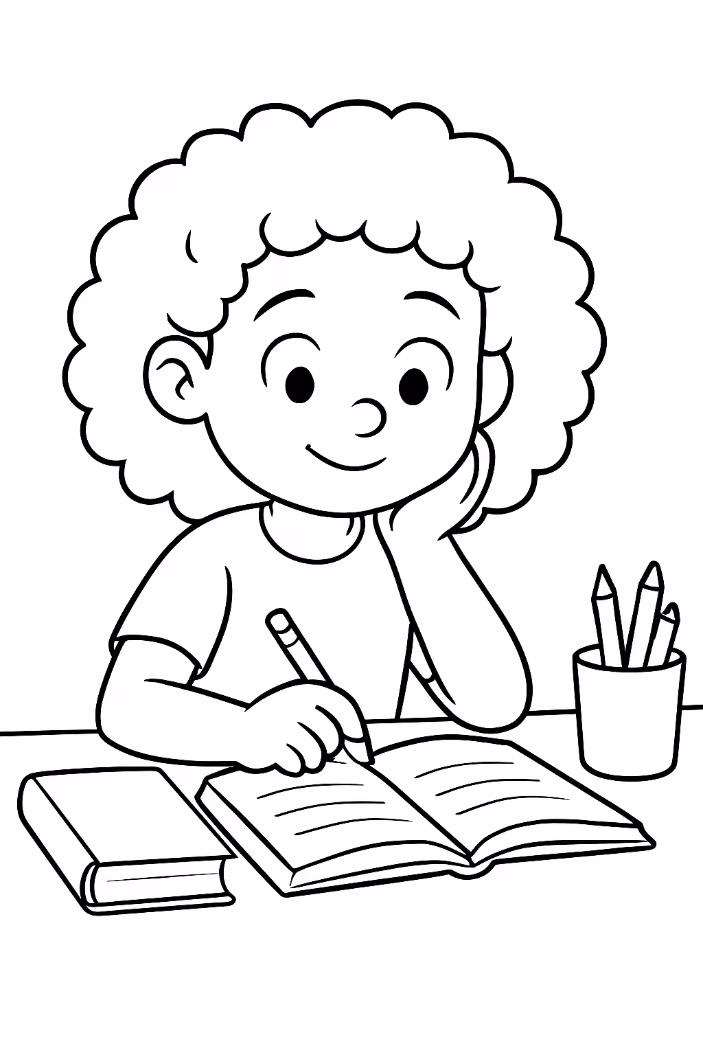 Uma menina de cabelo cacheado estudando para colorir — desenho para imprimir