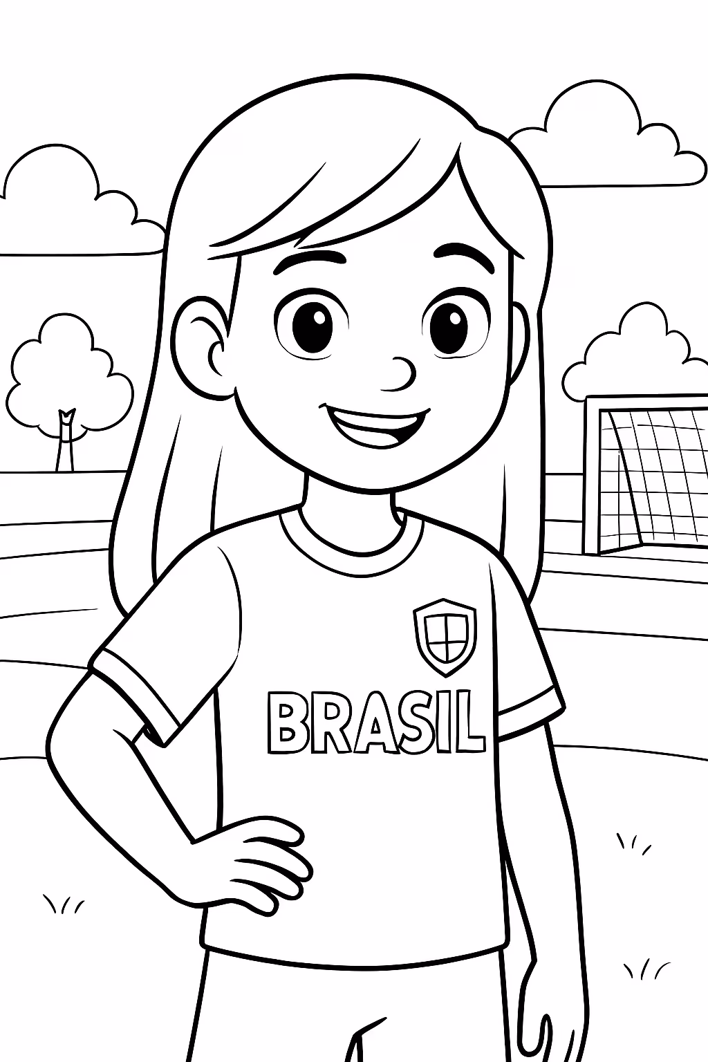 Uma menina de cabelo preto com a camisa do brasil para colorir — desenho para imprimir