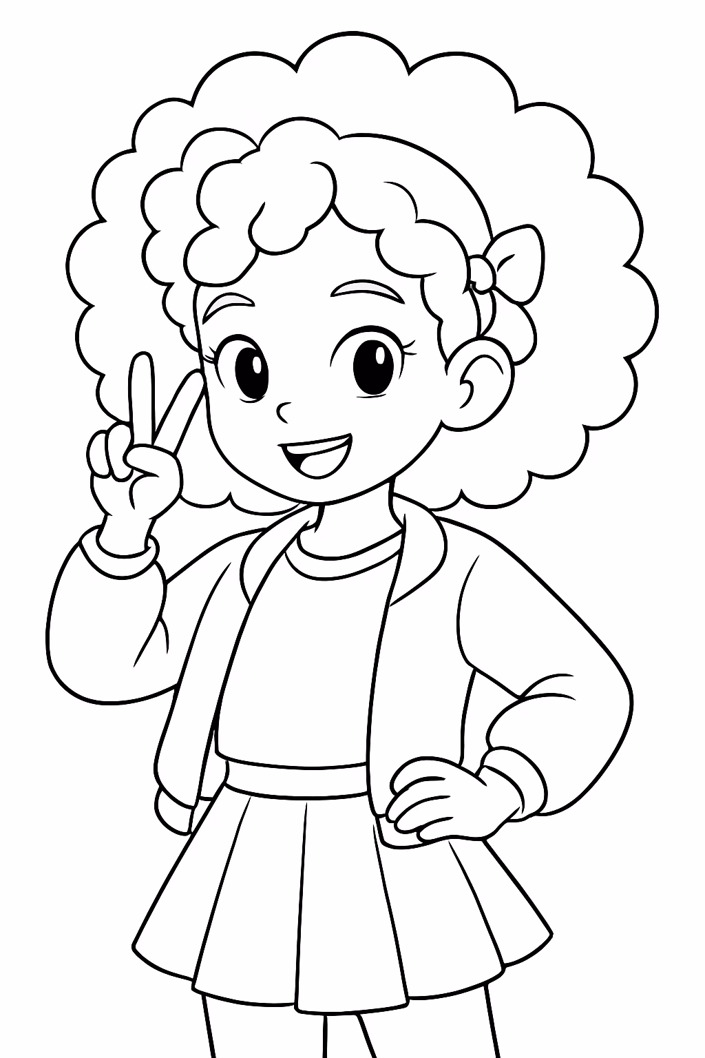 Uma menina de cabelos cacheados com o kpop para colorir — desenho para imprimir