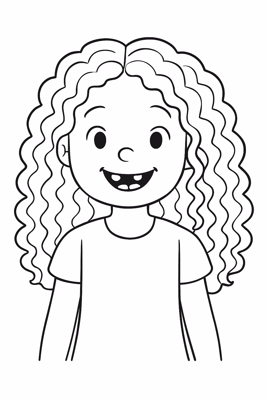 Uma menina de cabelos cacheados compridos e com dentes faltando para colorir — desenho para imprimir