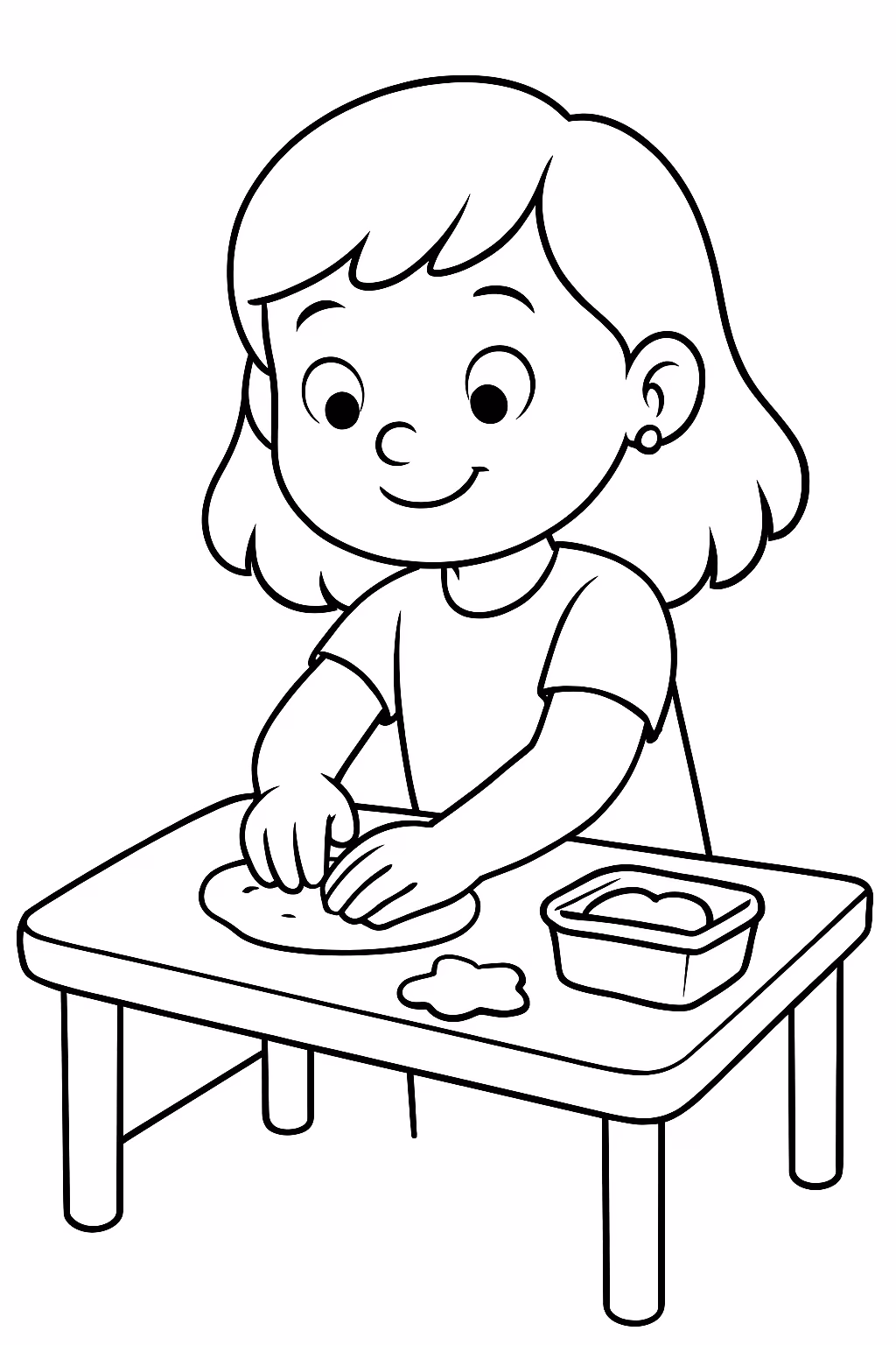 Uma menina de cinco anos cabelo pelos ombros brincando de para colorir — desenho para imprimir