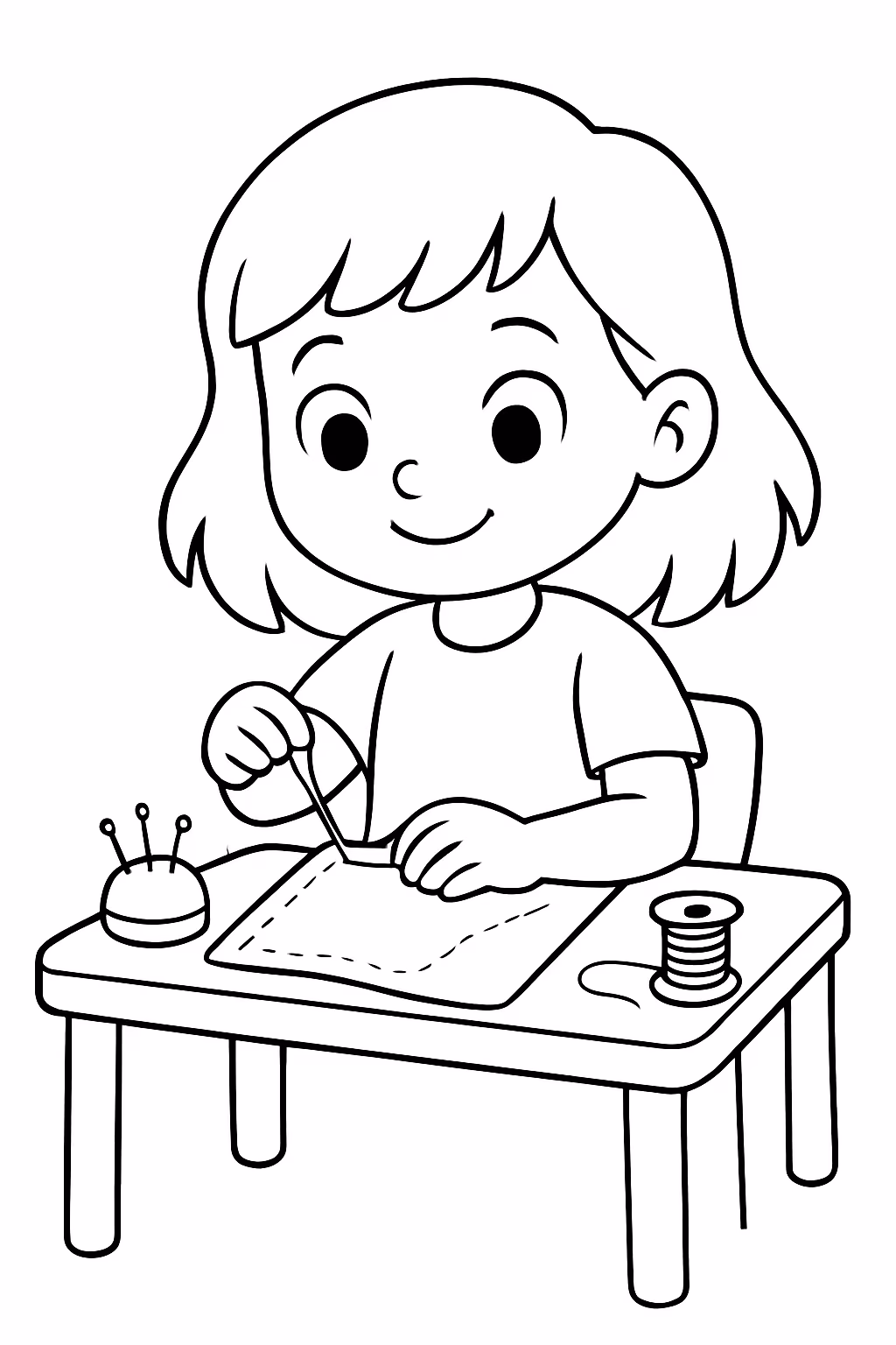Uma menina de cinco anos cabelo pelos ombros costurando em para colorir — desenho para imprimir