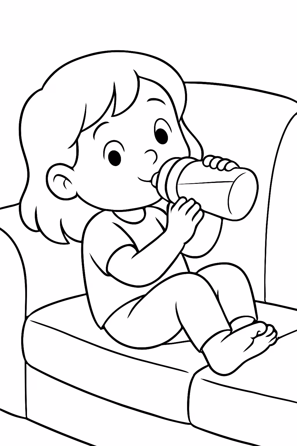 Uma menina de cinco anos cabelo pelos ombros tomando mamadeira para colorir — desenho para imprimir