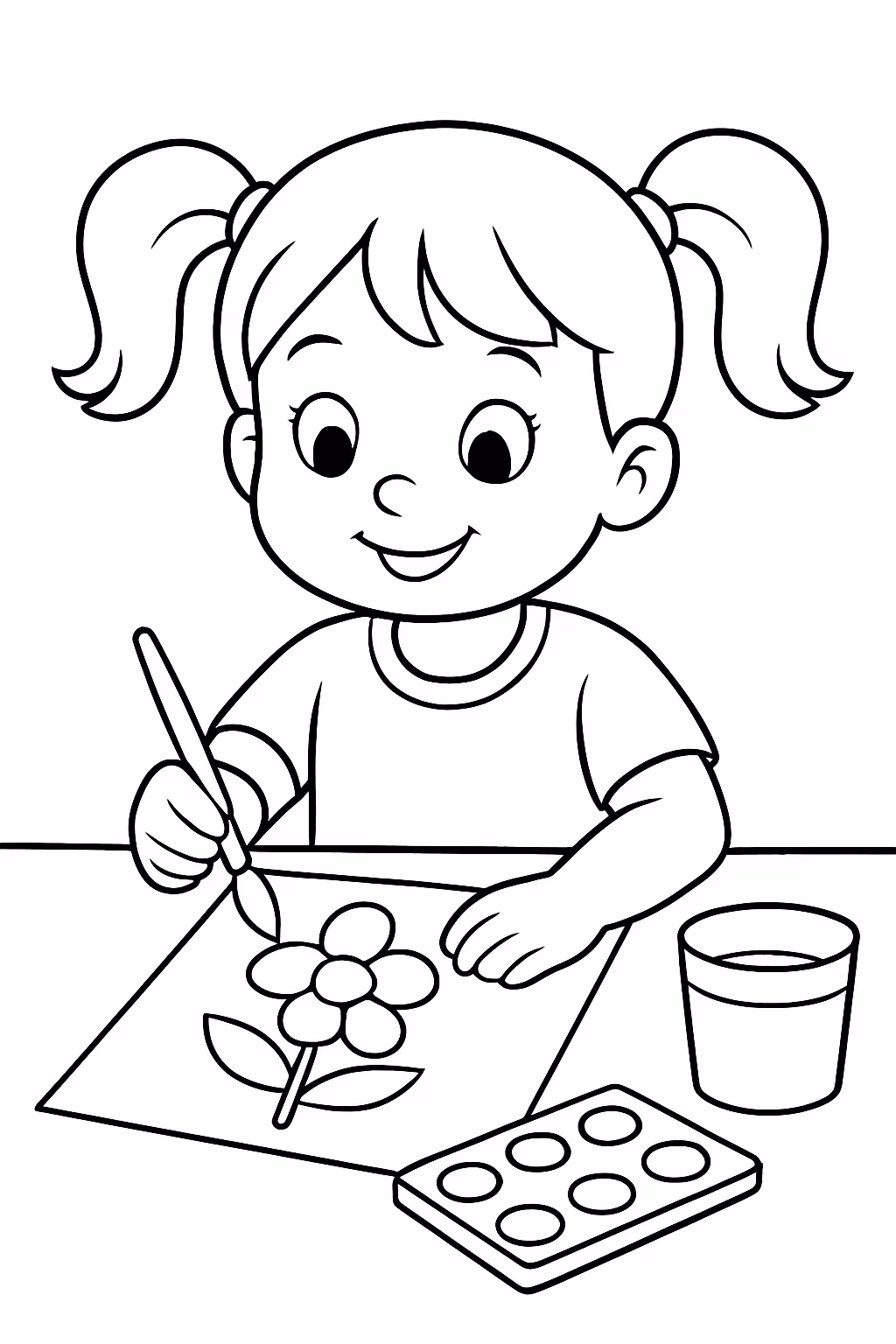 Uma menina de xuquinhas pintando para colorir — desenho para imprimir