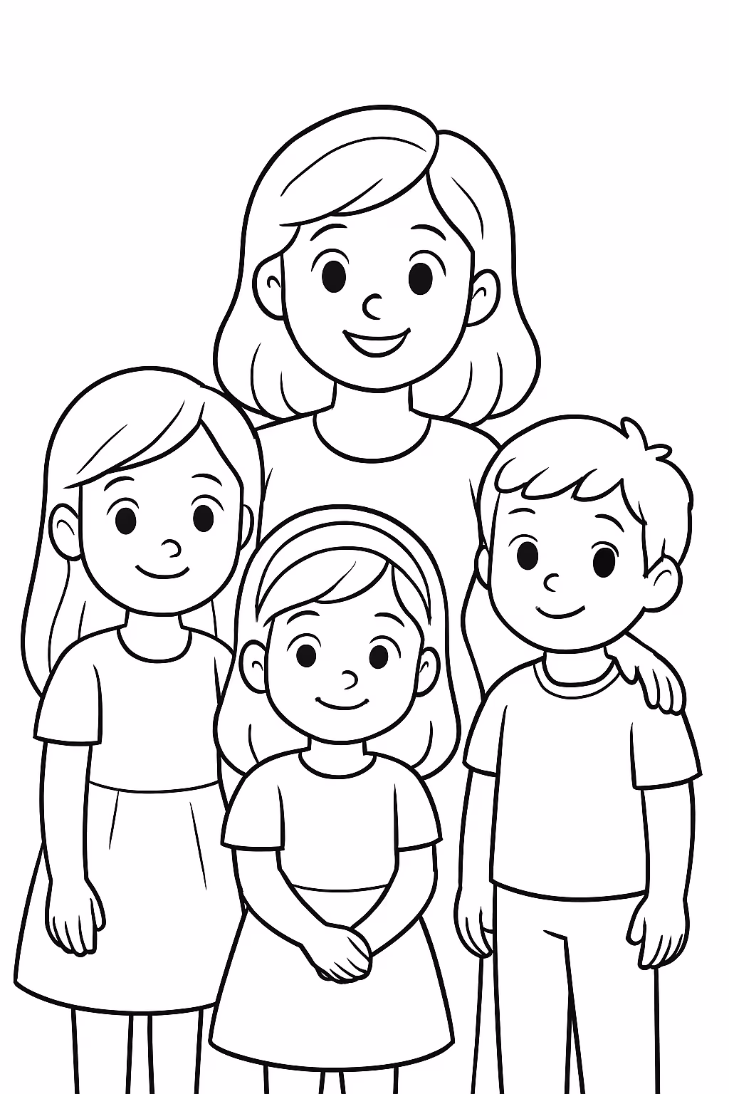 Uma menina e filhos menina menino para colorir — desenho para imprimir