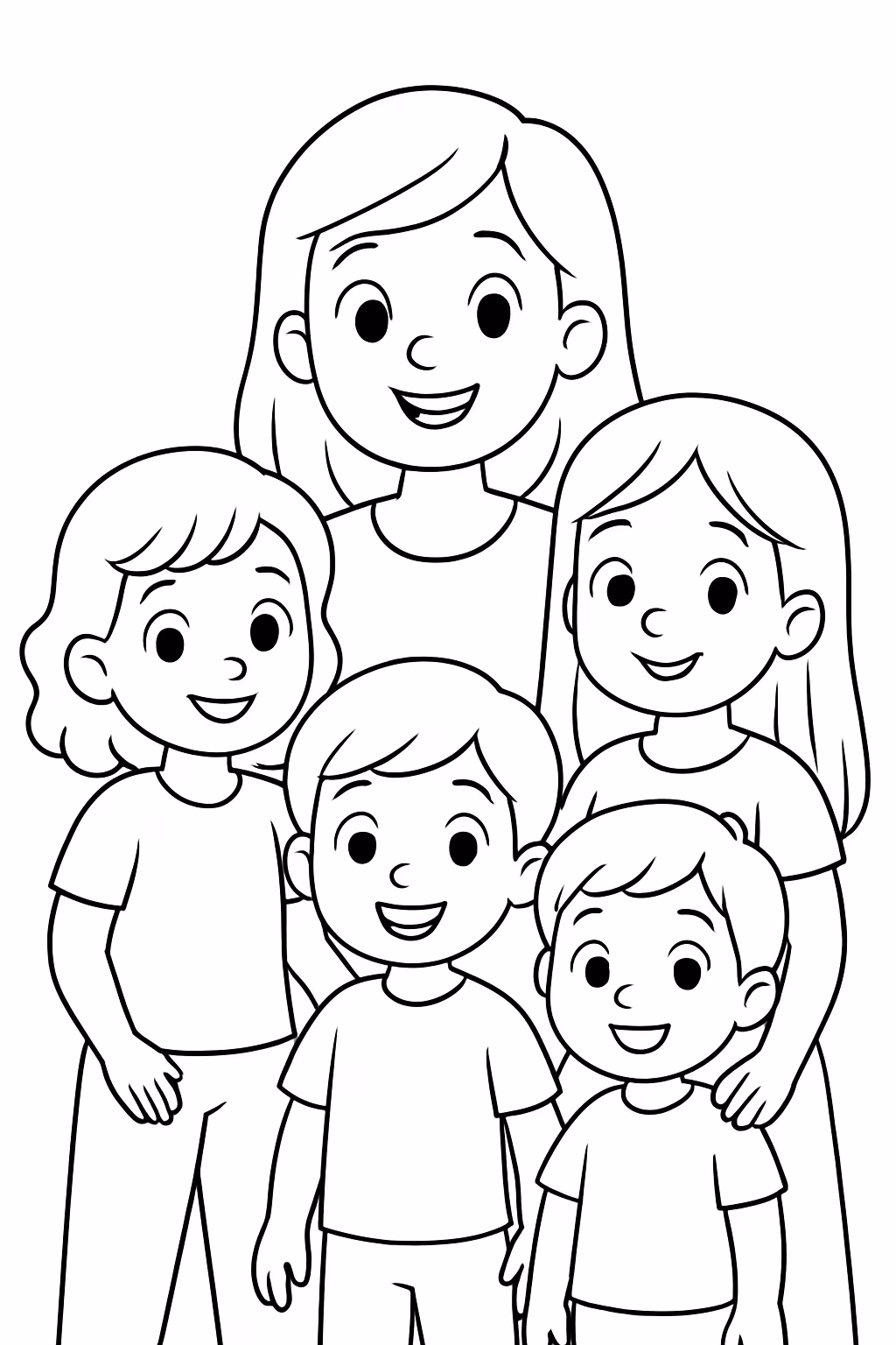 Uma menina e filhos para colorir — desenho para imprimir