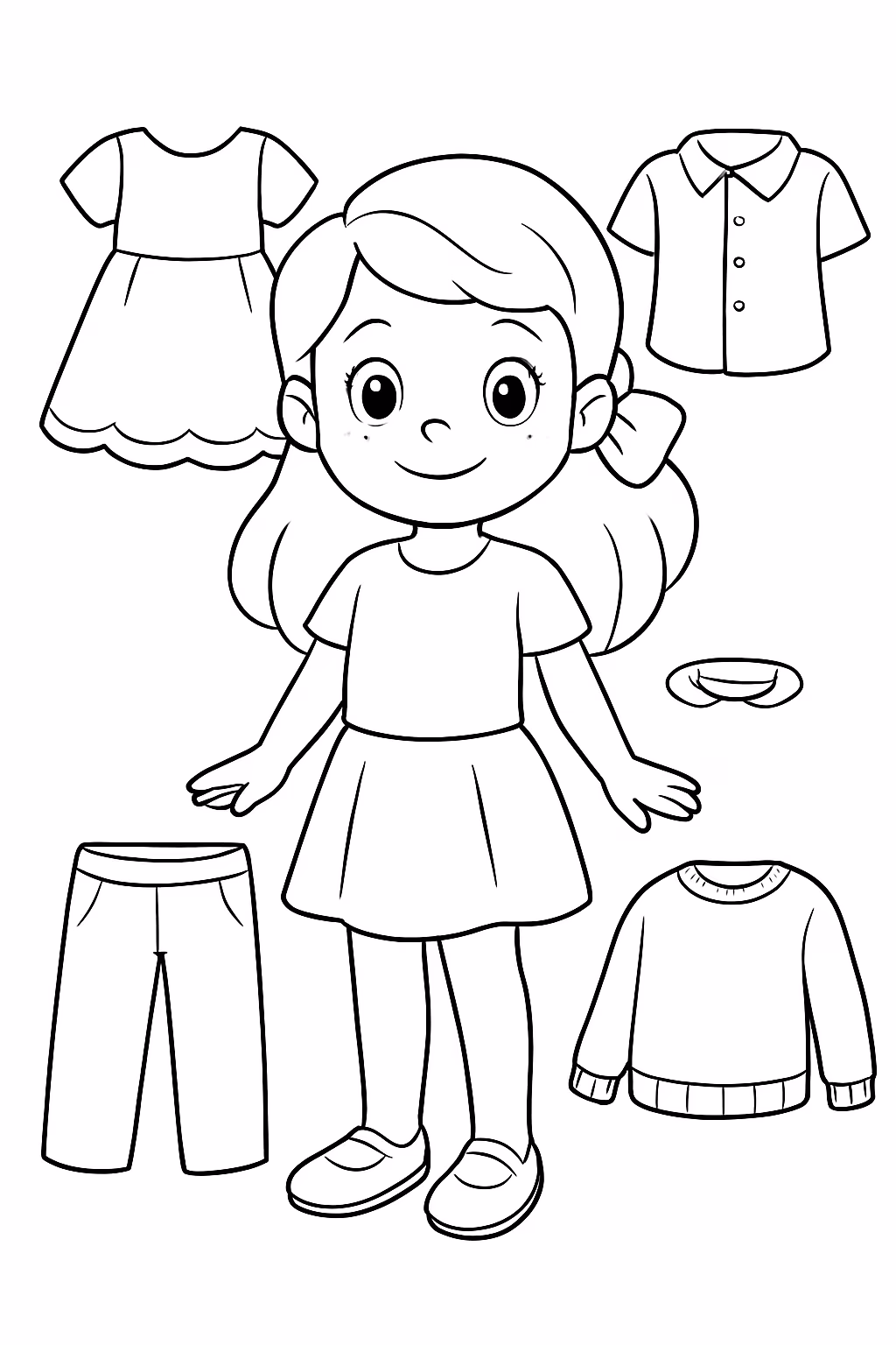 Uma menina e roupas vestir para colorir — desenho para imprimir