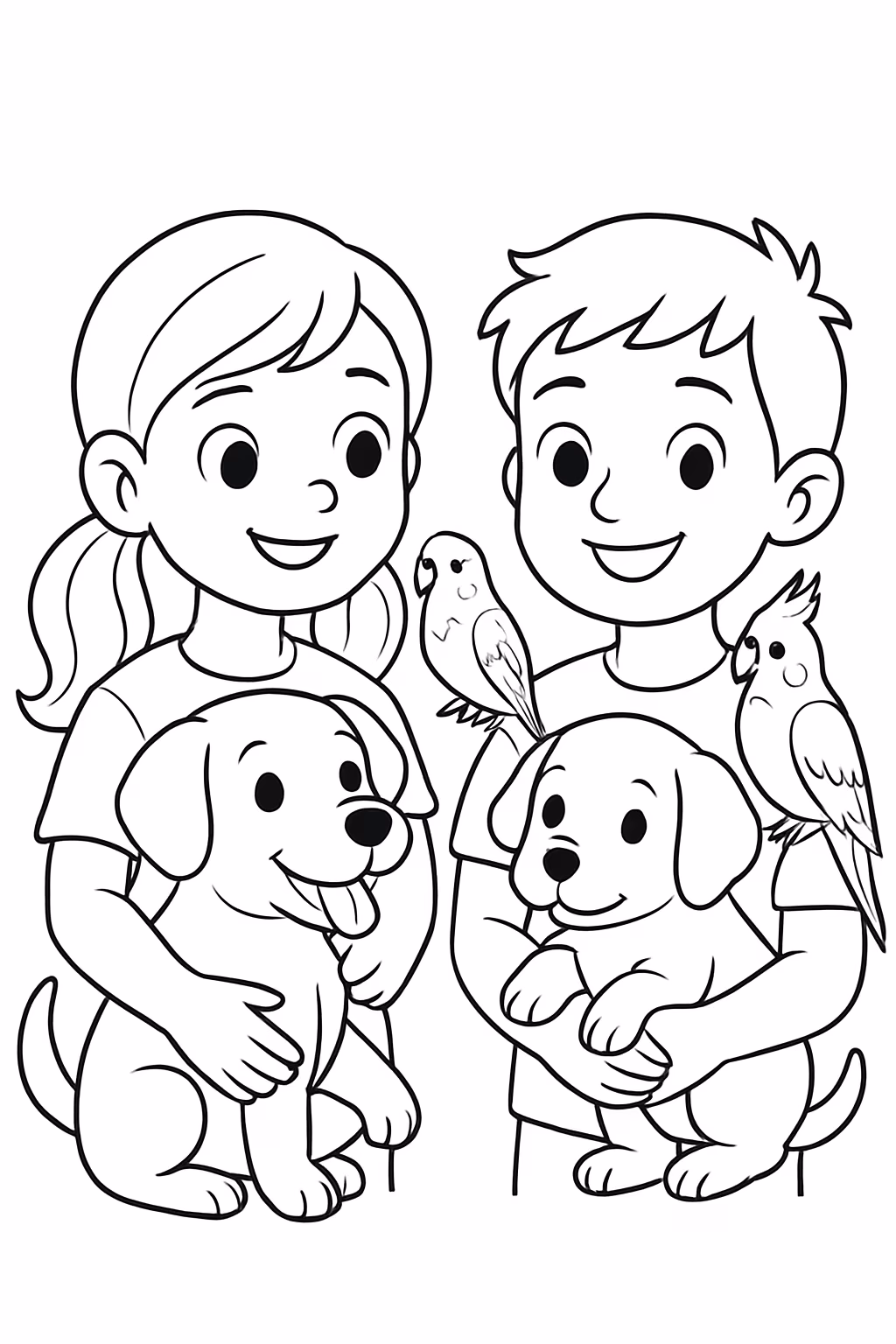 Uma menina e um menino com 2cachorras e periquitos australiano para colorir — desenho para imprimir