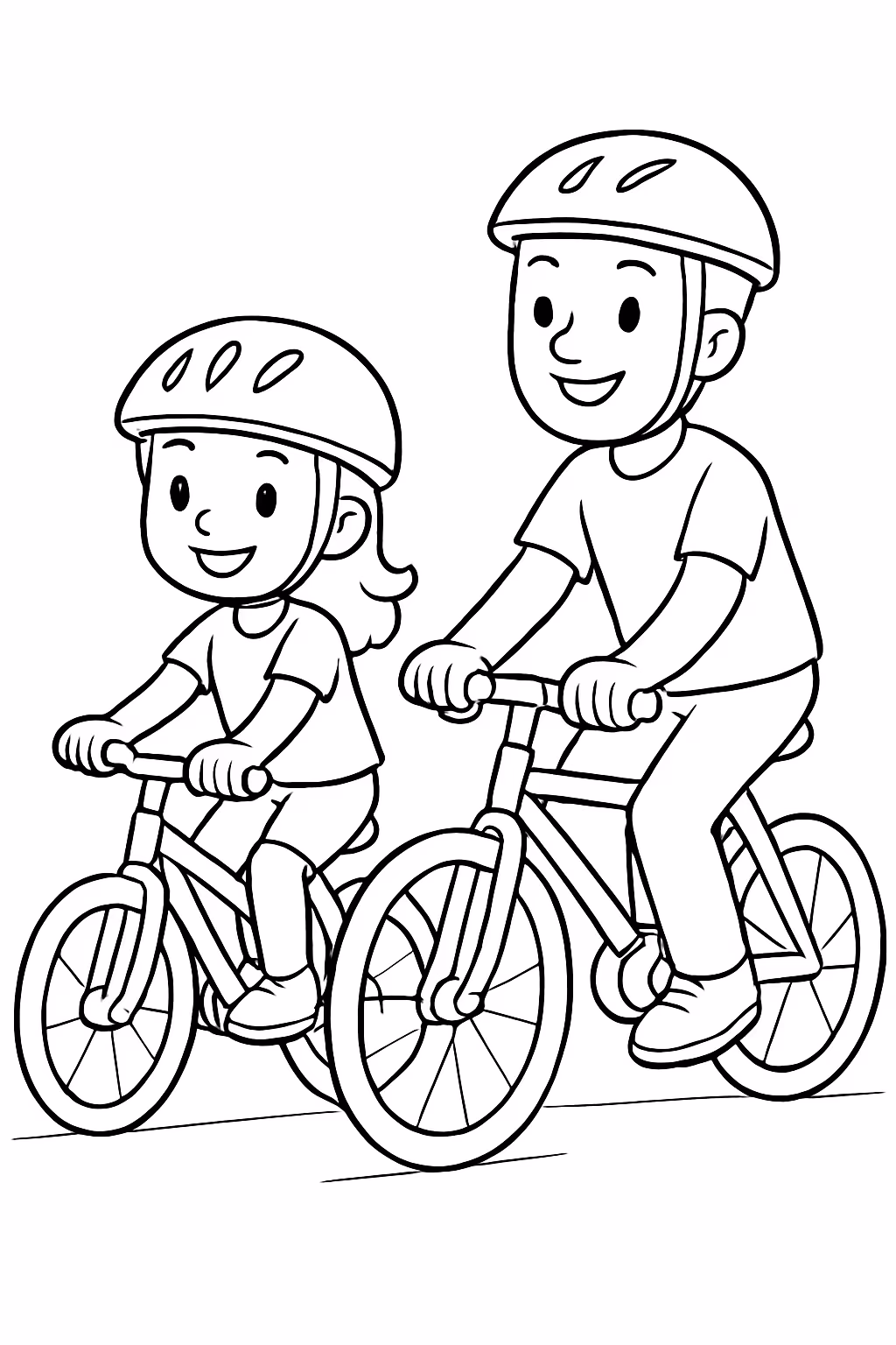 Uma menina e uma pai andando de bicicleta para colorir — desenho para imprimir