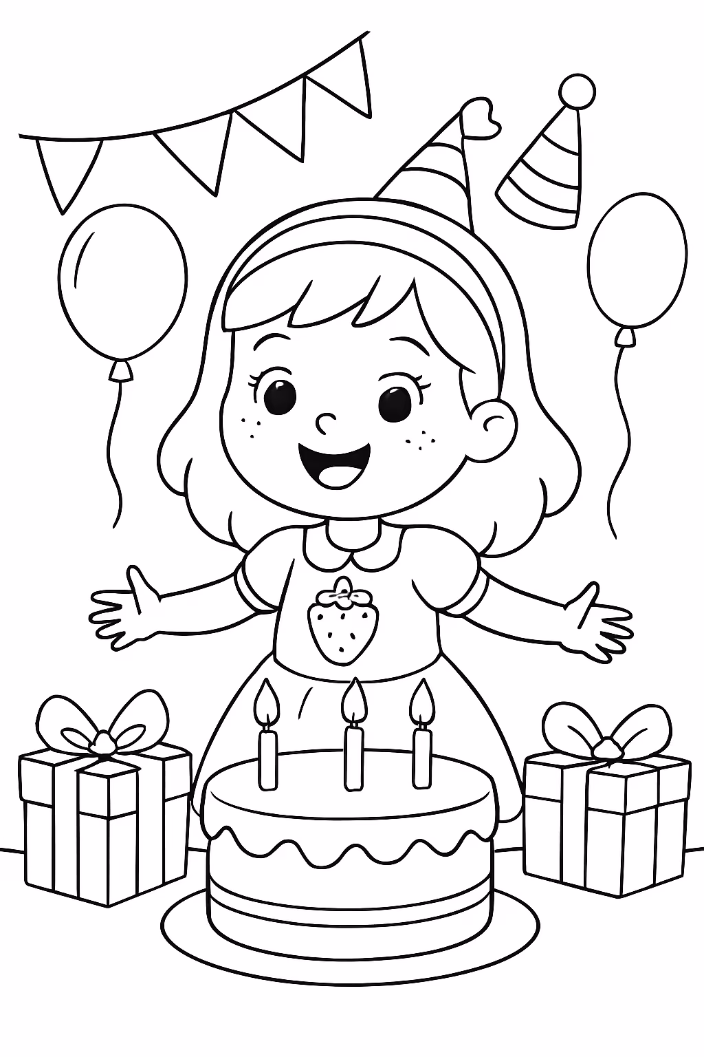 Uma menina em uma festa de aniversario da moranguinho para colorir — desenho para imprimir