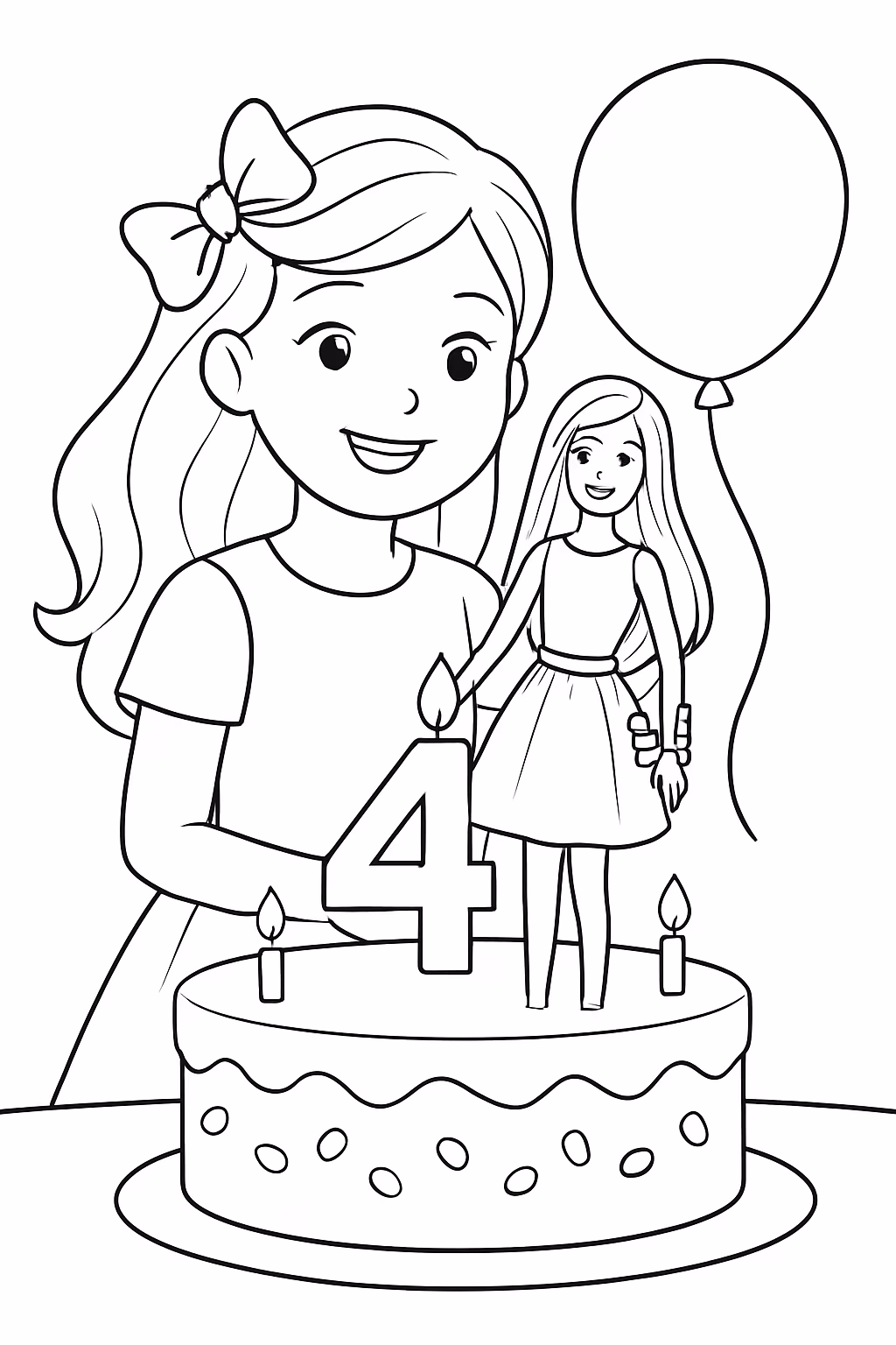 Uma menina fazendo aniversario de anos com o tema da para colorir — desenho para imprimir