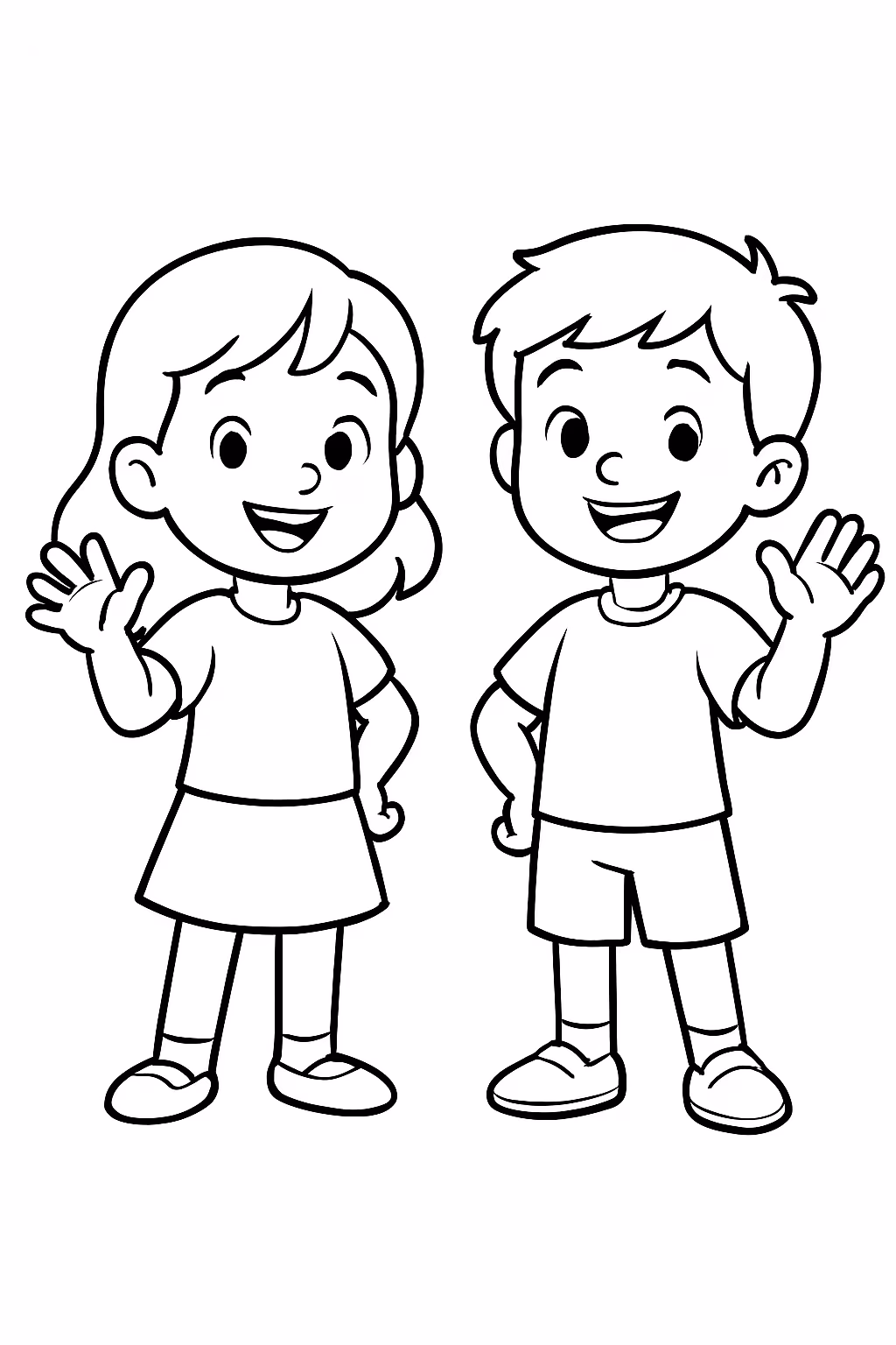Uma menina feliz e um menino feliz para colorir — desenho para imprimir