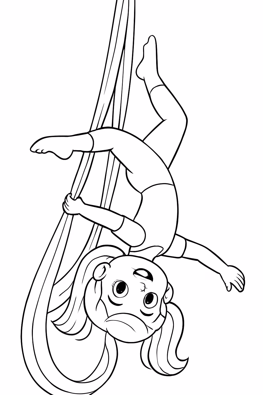 Uma menina no tecido acrobatico virando de ponta cabeca para colorir — desenho para imprimir