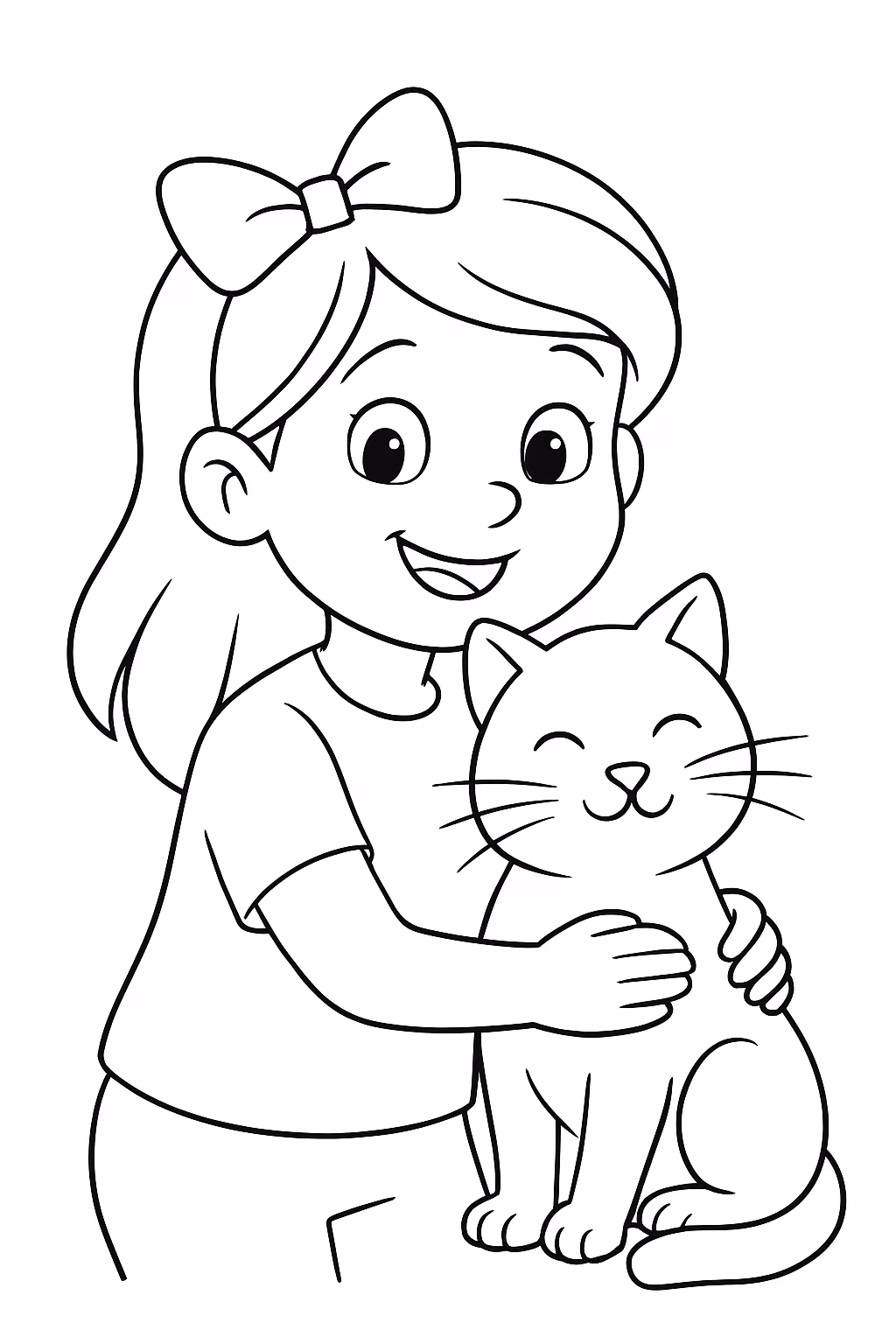 Uma menina sorridentes que tem uma gata branca para colorir — desenho para imprimir