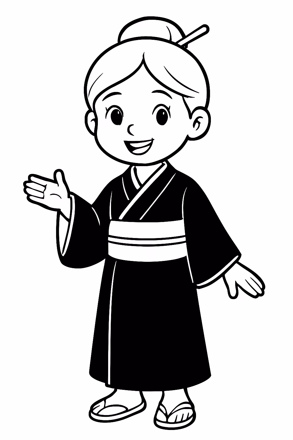 Uma menina vestindo um kimono da cor preto e a para colorir — desenho para imprimir