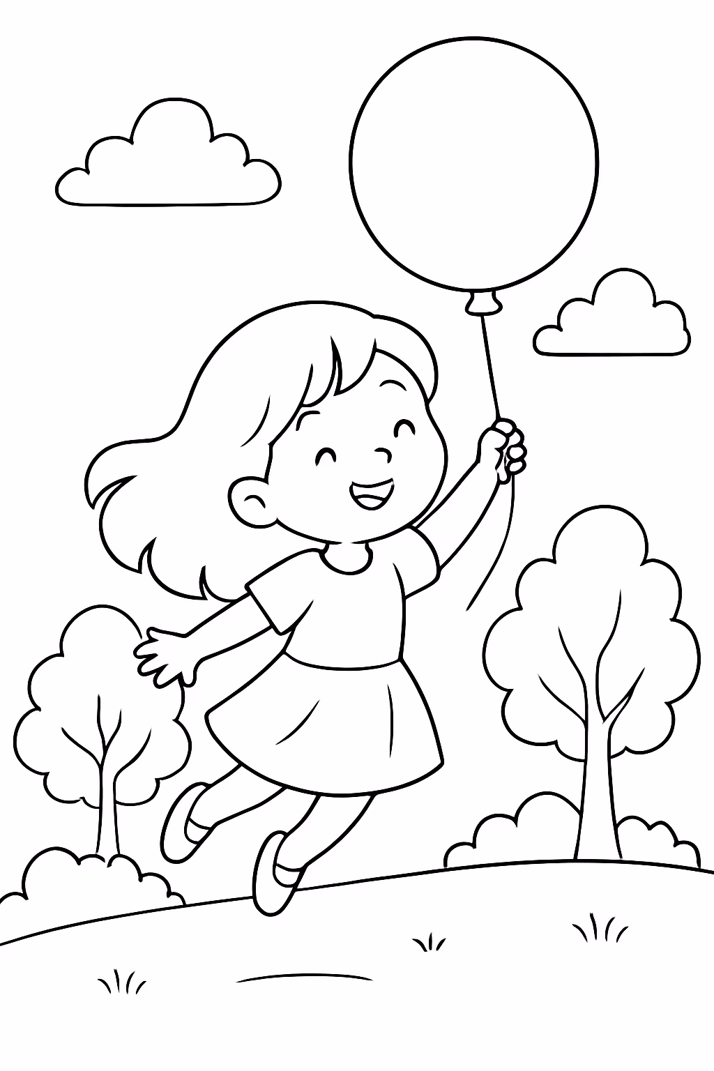 Uma menina voando com um balao no parque para colorir — desenho para imprimir