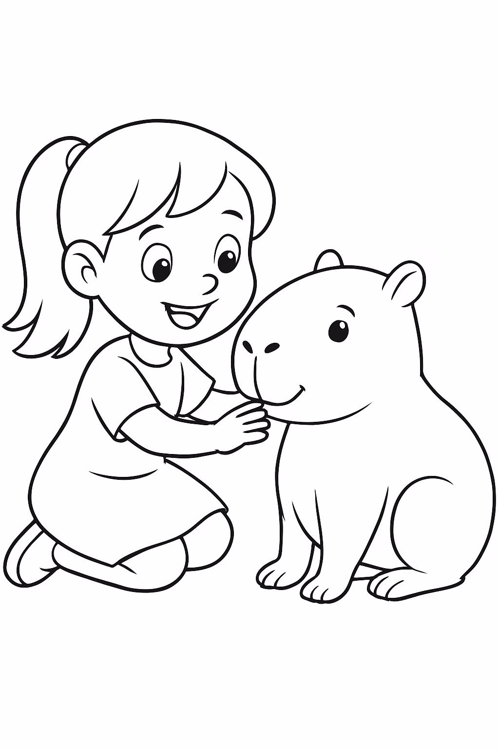 Uma menininha brincando com uma capivara para colorir — desenho para imprimir