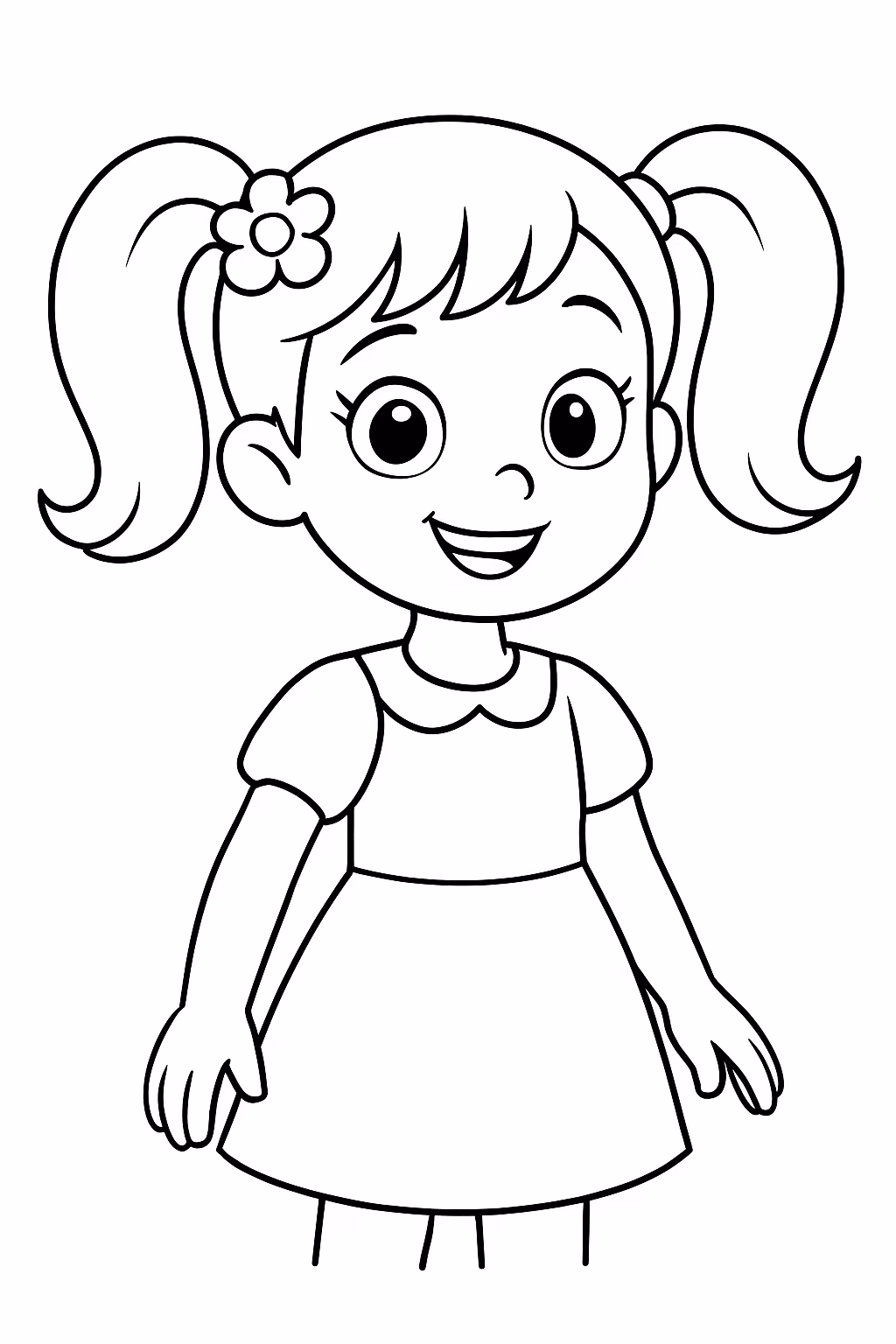 Uma menininha com maria chiquinha no cabelo e dois rabos para colorir — desenho para imprimir